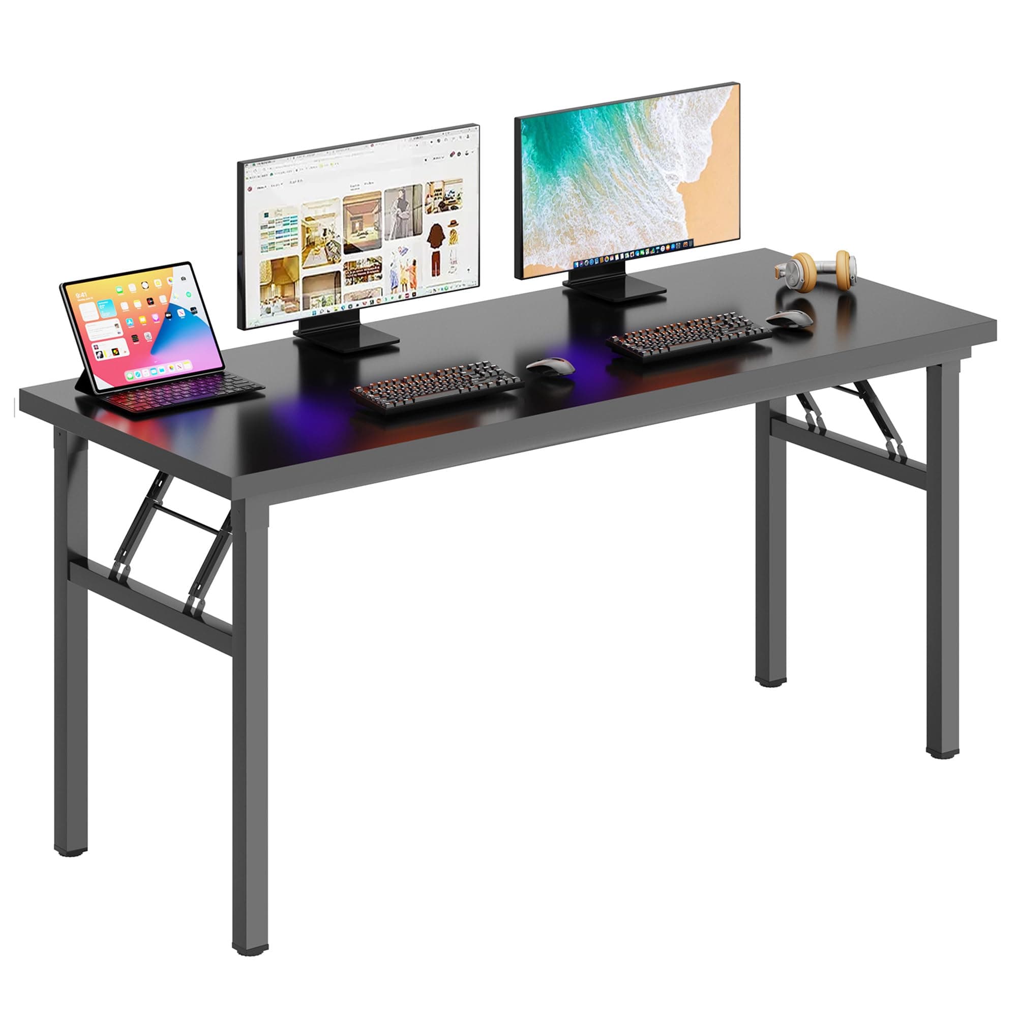 DlandHome Computer Desk 62 inches Office Desk Computer Table Study Writing Desk Workstation for Home Office Metal Frame Black and Black