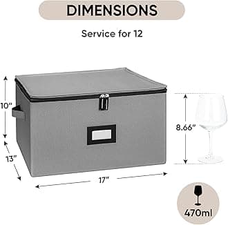 BALEINE China Storage Containers, Sturdy Quilted Wine Glass Storage, Plate Organizer with Carry Handles, Moving Boxes for Dishes, Cups, Mugs and Stemware (Wine Glass, Hard Shell Grey)