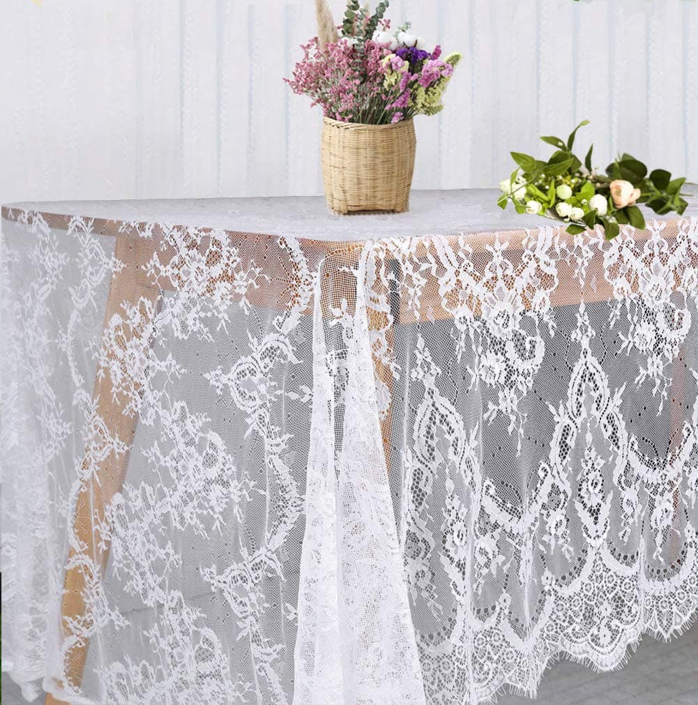 White Lace Tablecloth 60 × 120 Inch for Rustic Boho Wedding Bridal Shower Party Decoration, Classy Rectangle Overlay Long Vintage Embroidered Reception Table Cloth Decor