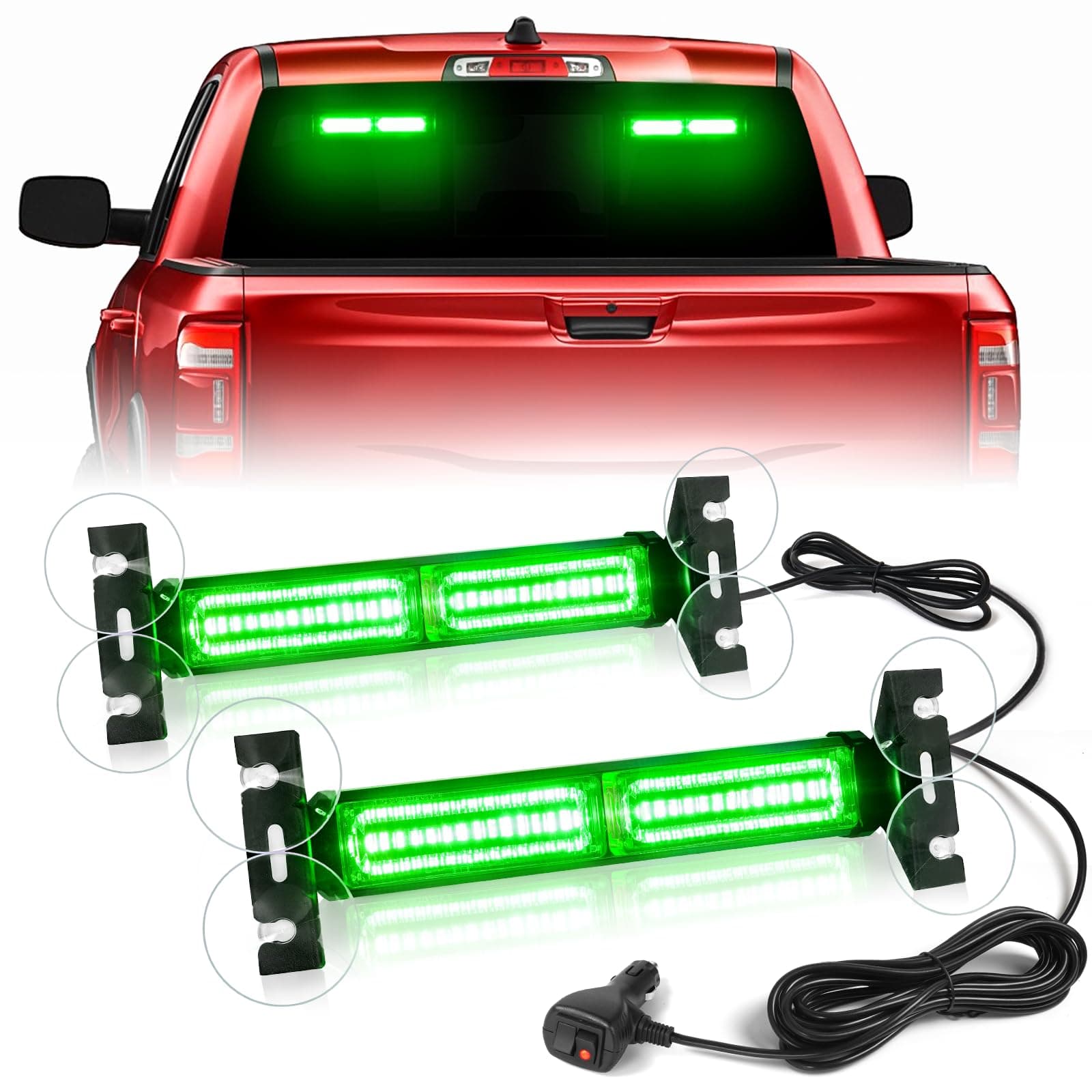 HLauto 1002L Emergency Strobe Traffic Advisor Light Bar: 40 LED Dash Safety Warning Flashing Light, Front/Rear Windshield Visor Lights for Construction Vehicle, Tow/Plow Truck (2x10.7inch, Green)