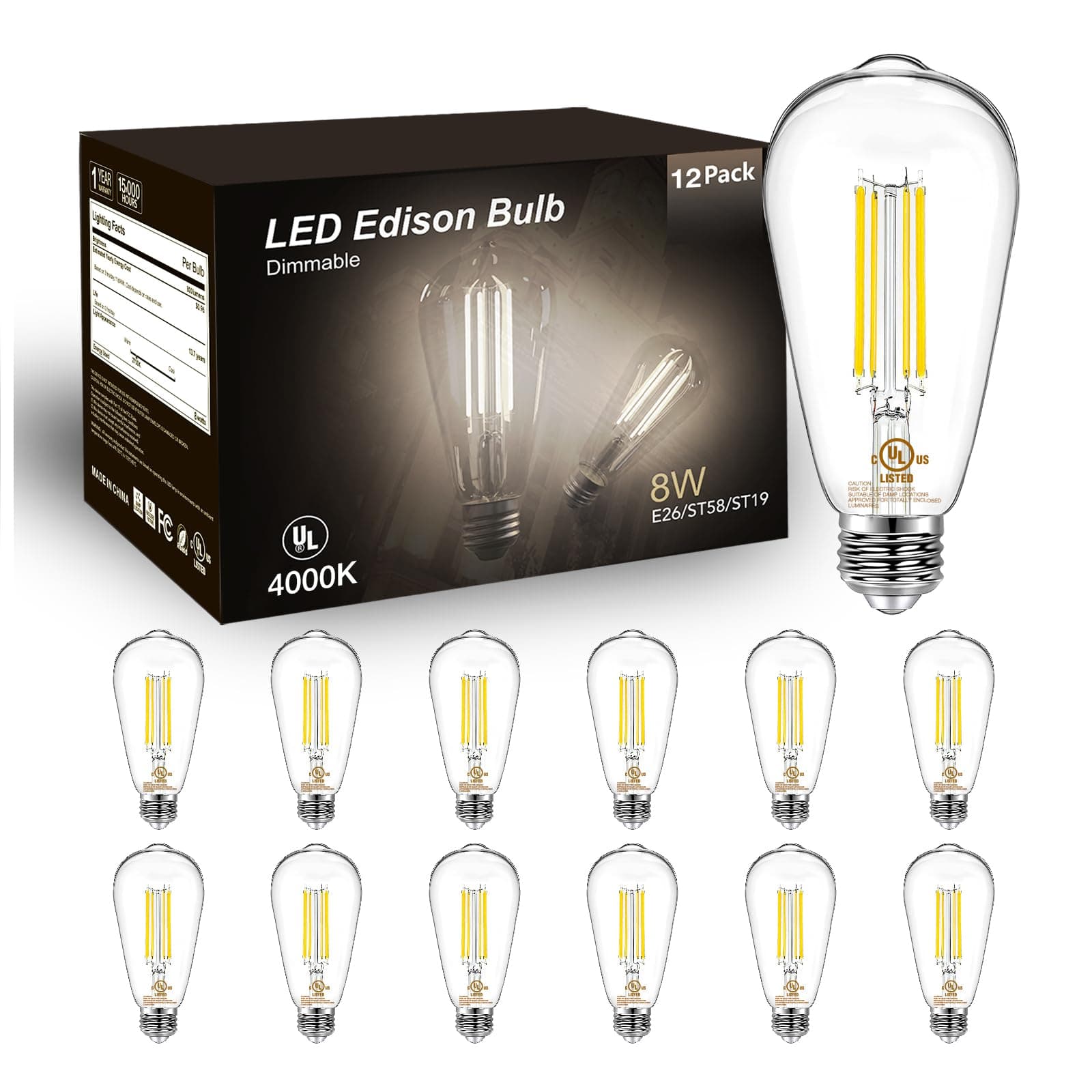 DAYBETTER 12 Pack Vintage LED Edison Bulbs, E26 Led Bulb 60W Equivalent, Dimm...