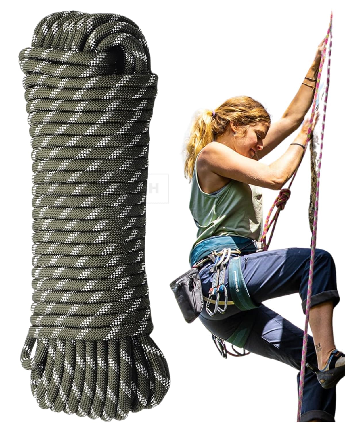 White Tech 8mm Static Climbing Rope 100% Nylon Black Rock Climbing Rope 14Kn Breaking Strength for Outdoor Survival Accessory Safety for Outdoor Survival, Hiking, Mountaineering (8MM 20MTR)