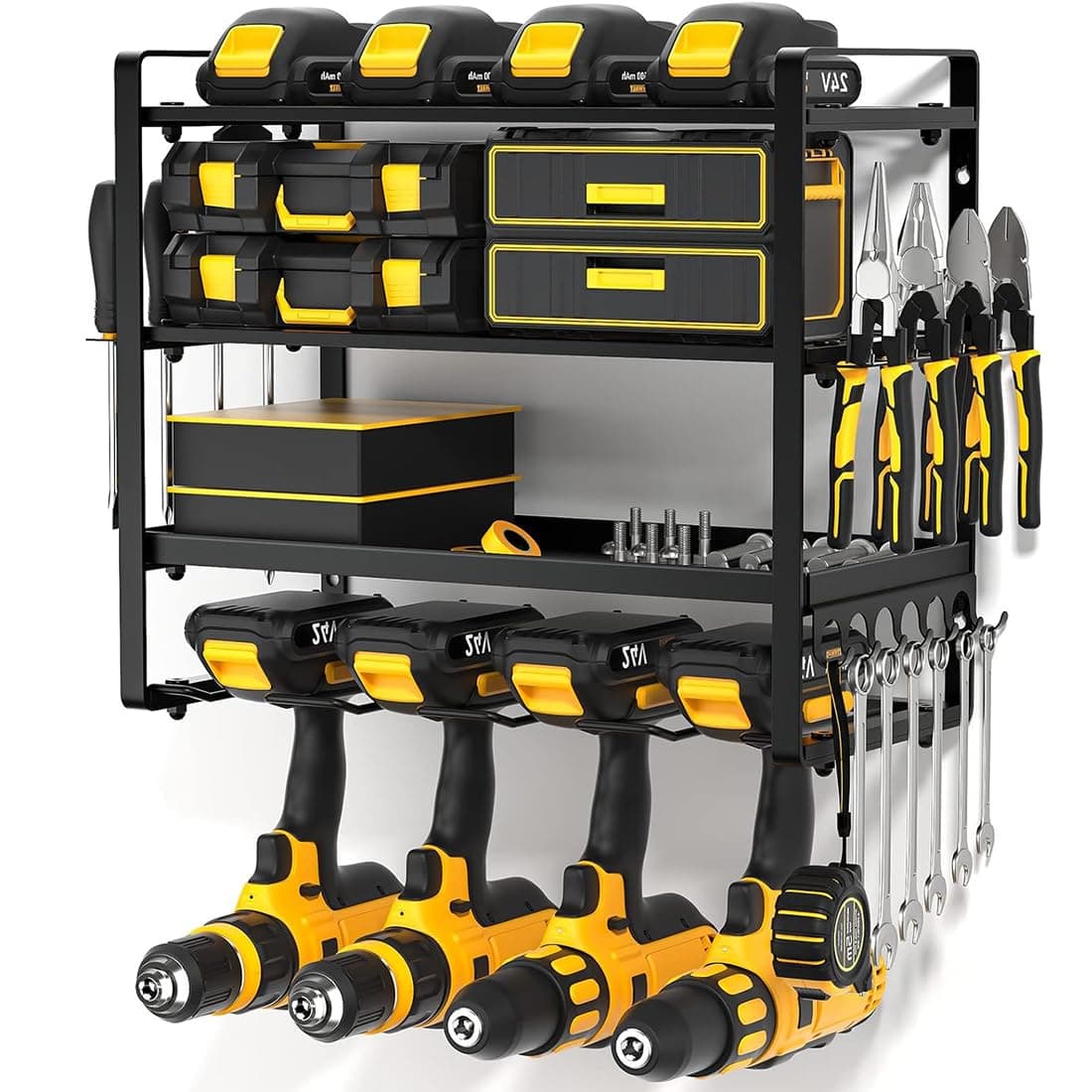 SYAMEET 4-Tier Power Tool Organizer with Side Hooks, Wall Mount Drill Holder - Perfect for 4 Drills, 42x20x35cm, Space-Saving Design for Garage and Workshop，Utility Storage Rack,Cordless Drill