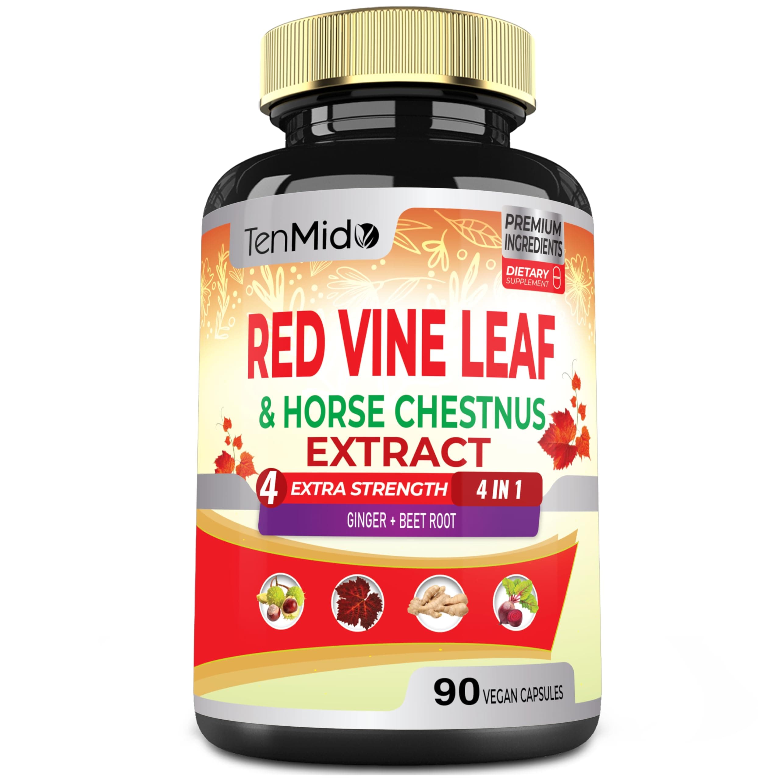 Red Vine Leaf Extract Capsules - with Horse Chestnut, Beet Root, Ginger - Herbal Supplement for Heart, Leg Vein & Energy - 90 Vegan Capsules for 45 Days