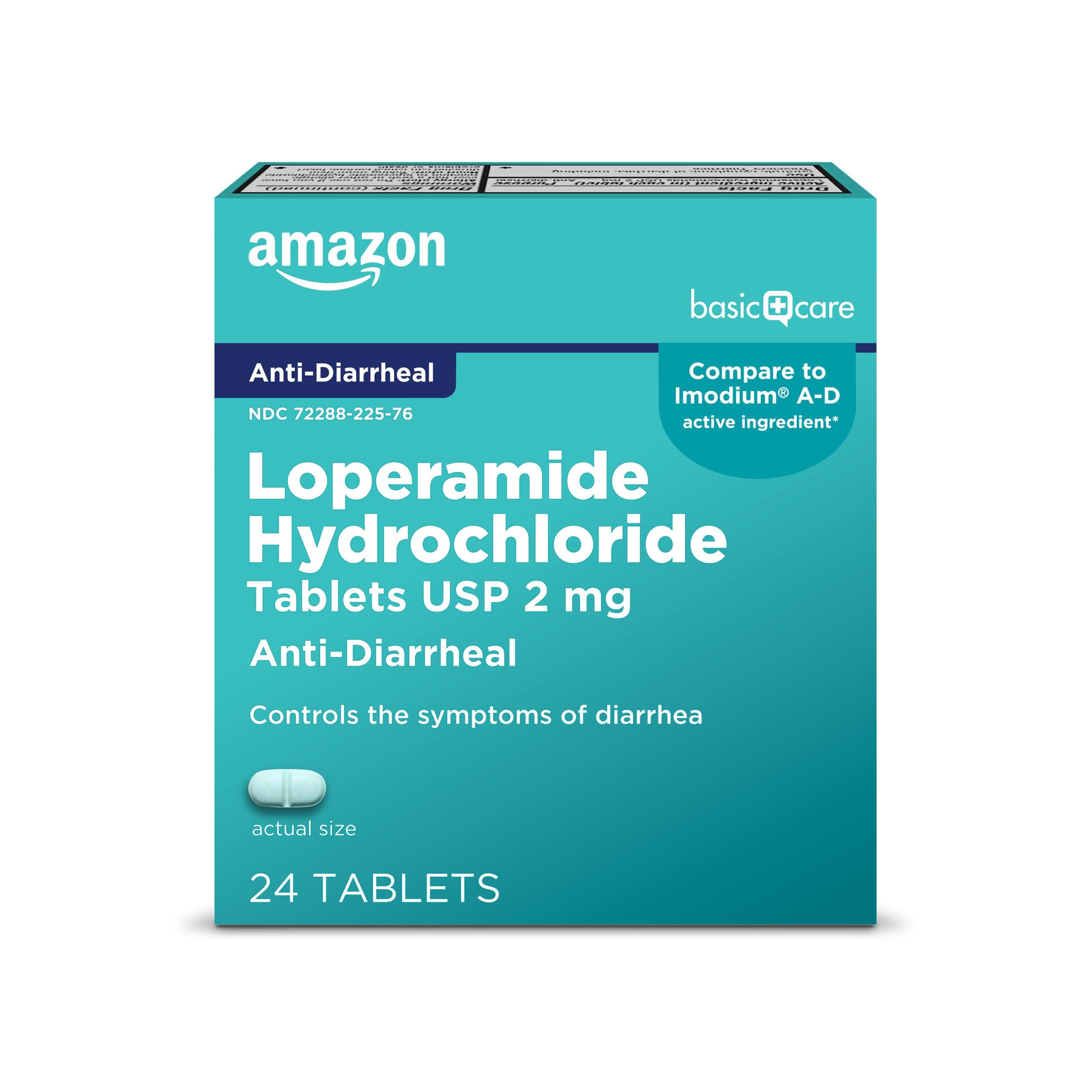 Amazon Basic Care Loperamide Hydrochloride Tablets, 2 mg, Anti-Diarrheal, 24 Count (Pack of 1)