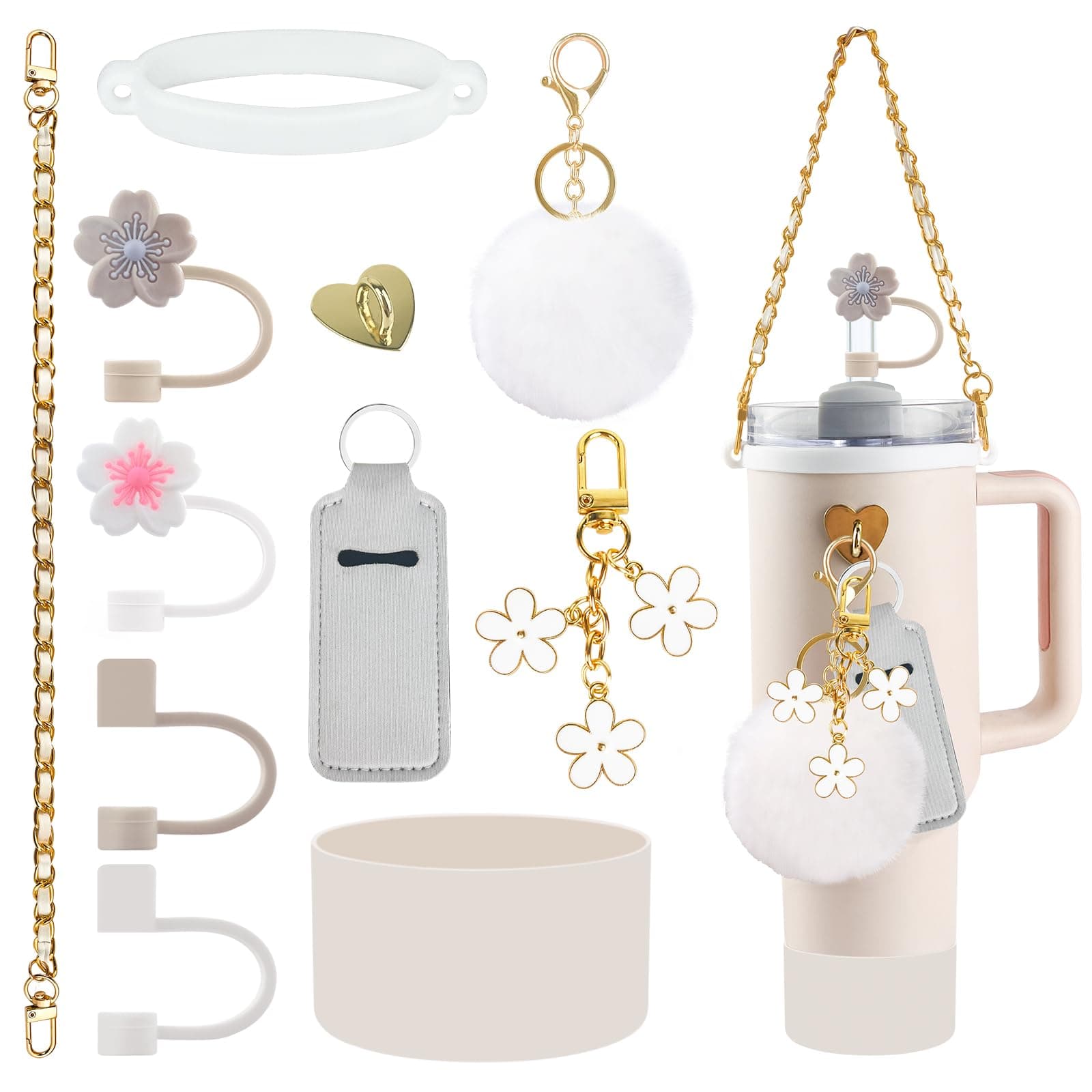 11 PCS Accessories for Stanley Cup, Water Bottle Handle Strap for Stanley 30/40 oz tumbler with handle, including Straw Toppers, Silicone Cup Boot, Keychain Charms - White