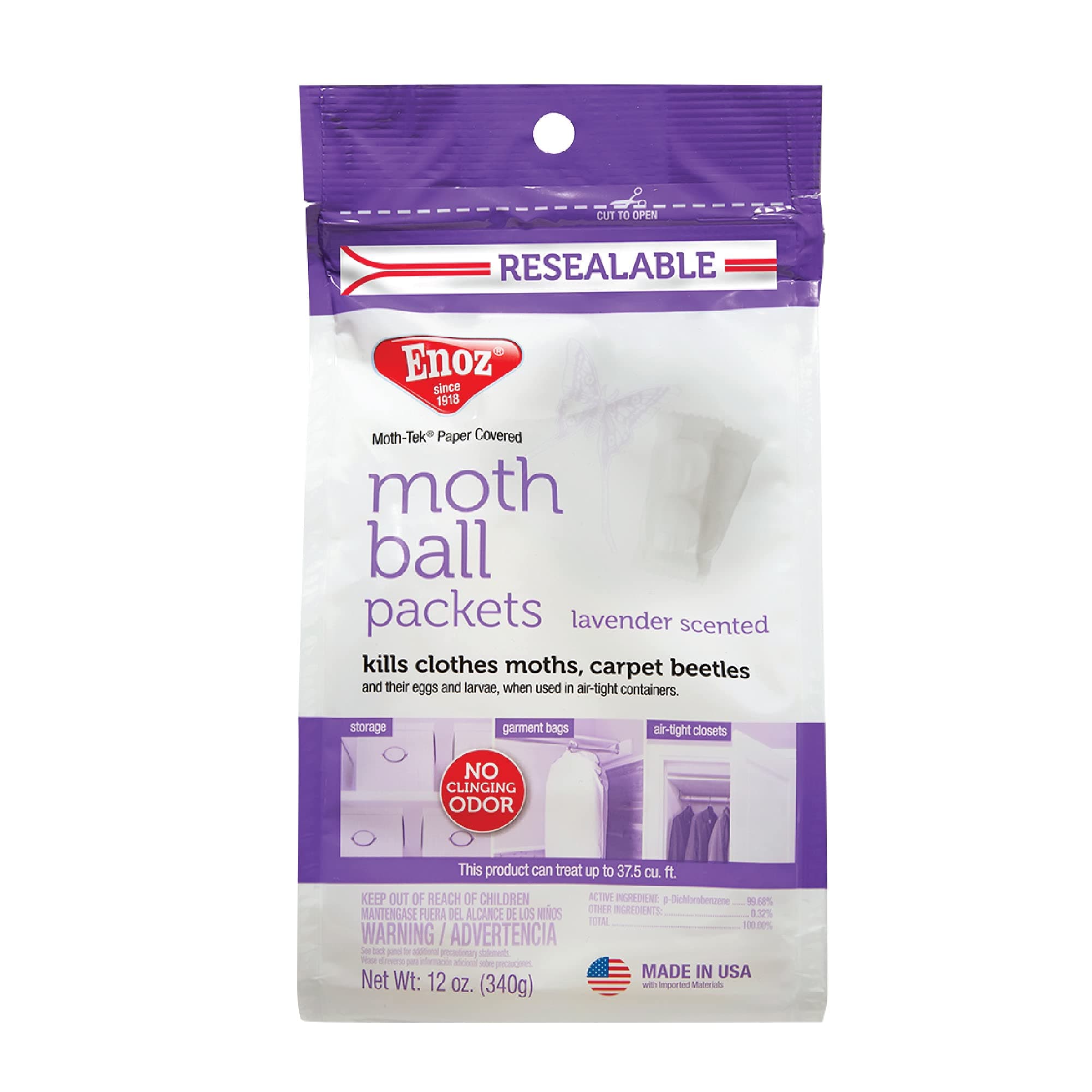Enoz Lavender Scented Moth Ball Packets, Kills Clothes Moths, Carpet Beetles, Eggs and Larvae, 12 oz Resealable Bag (Pack of 3)