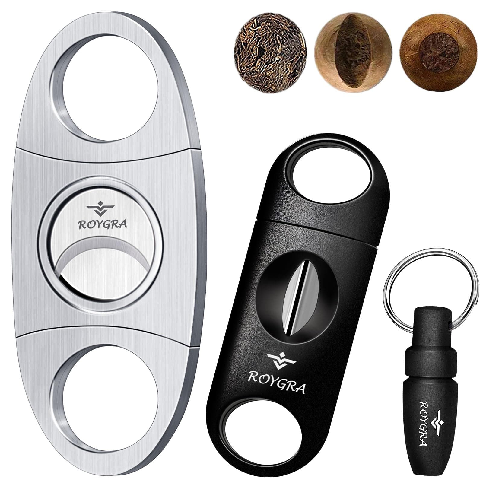 roygra Cigar Cutter Set (3 Pack), Cigar Accessories for Men - Stainless Steel Guillotine, Enlarged V-Cut Fit All Cigars, Punch Tool - Smoking Accessories, Portable Sharp Clean Cut - Silver