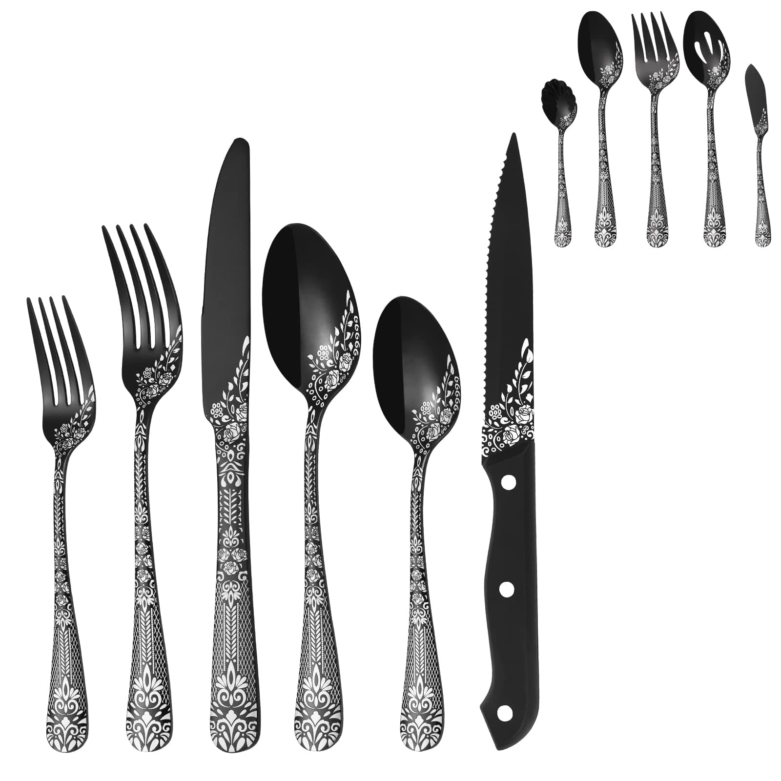 EUIRIO 53-Piece Black Silverware Set with Serving Utensils, Black Flatware Set for 8, Stainless Steel Mirror Cutlery Set, Spoons Forks Knives with Unique Floral Laser, Tableware Set, Dishwasher Safe