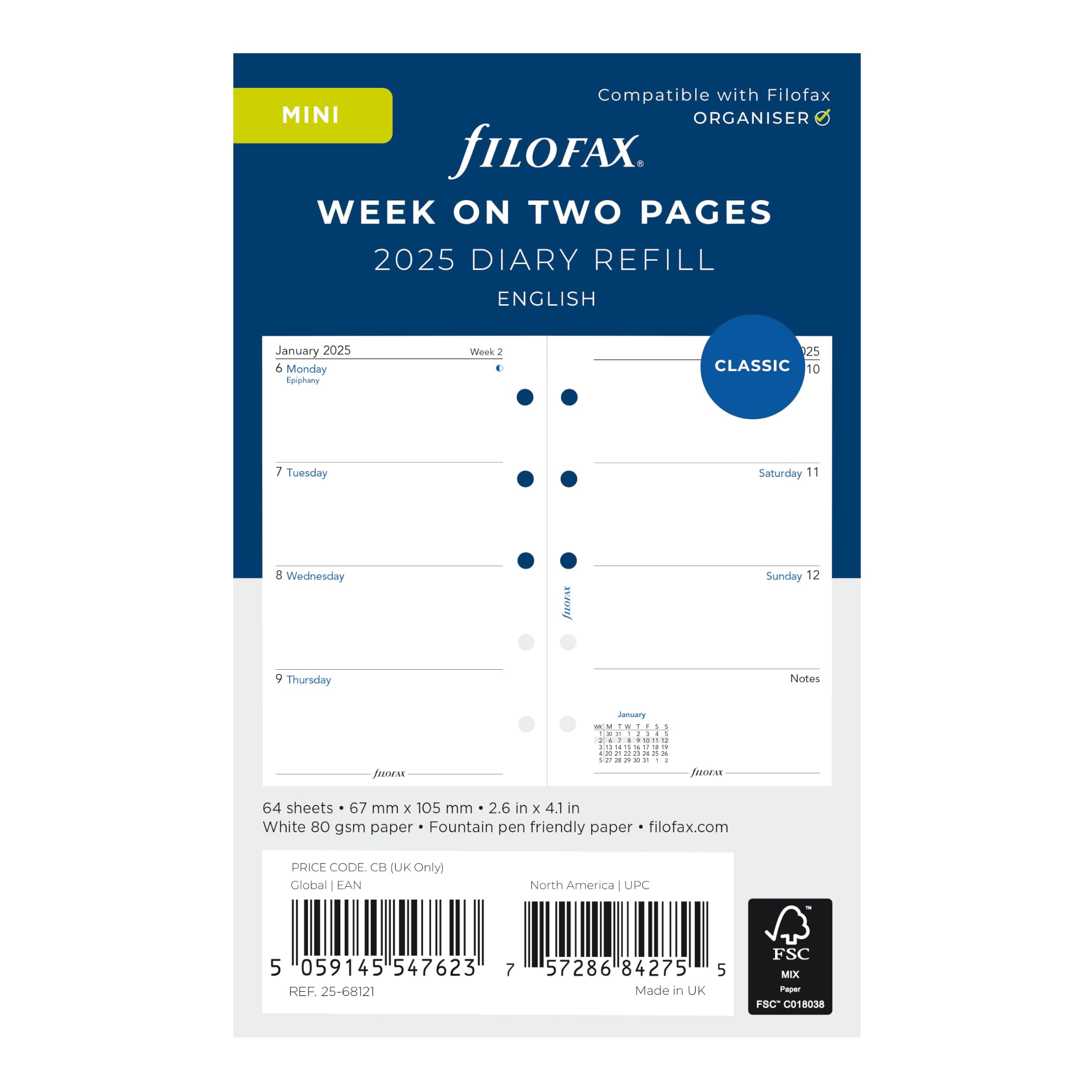 Calendar Diary Refill, Mini Size, Week-to-View with Notes Section, White Paper, Unruled, English, 2025 (C68121-25)