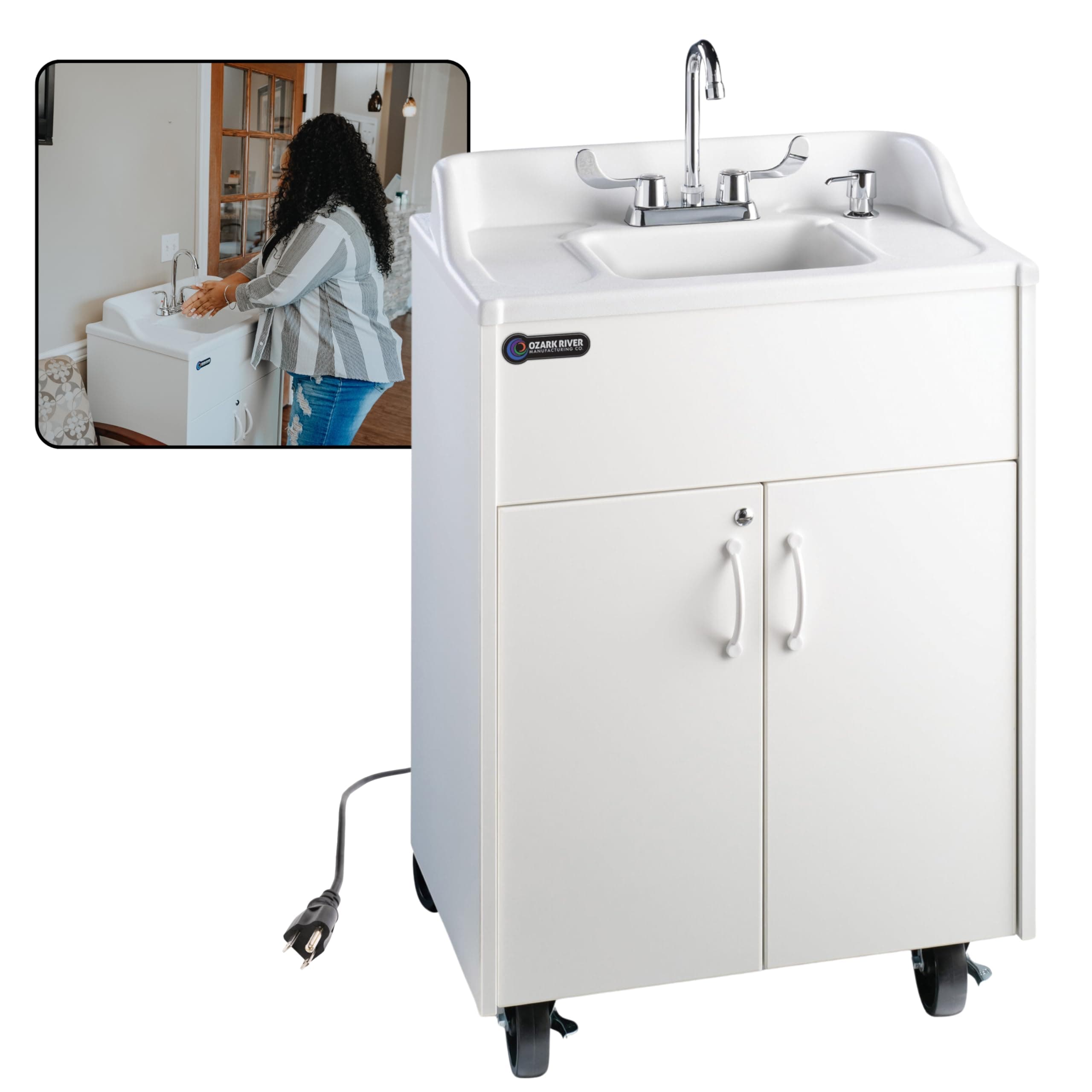 Ozark River Portable Sinks Premier Brite White, White Laminate-ABS Sink, Mobile Self Contained Sink, Mobile Hand Washing Station, Portable Sink with Hot Water, Portable Sink Hand Wash Station, 110V