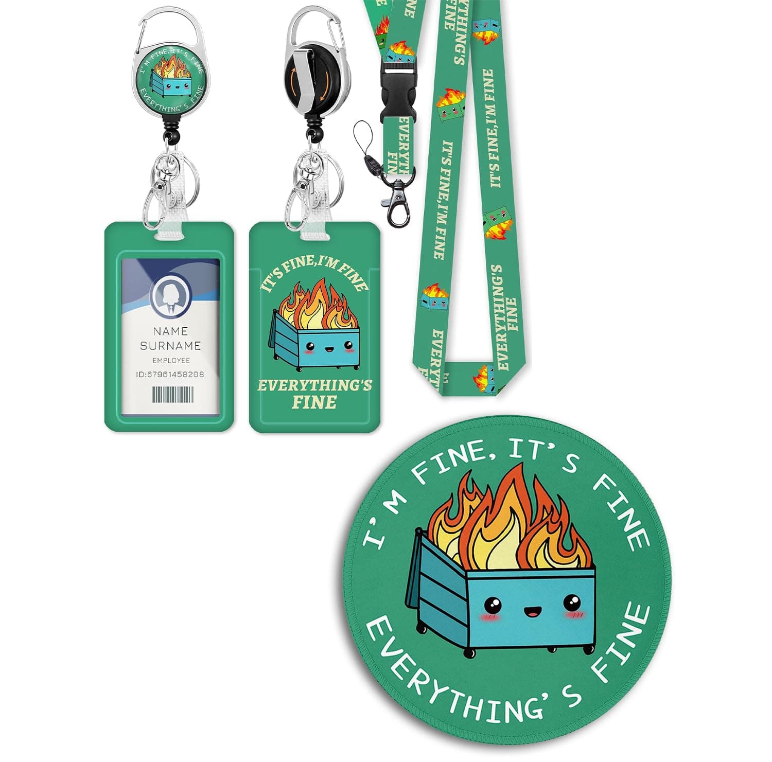 Dumpster on Fire Lanyard for Keys, Funny Dumpster on Fire Round Mouse Pads for Desk, Cute Office Desk Accessories Decor for Women