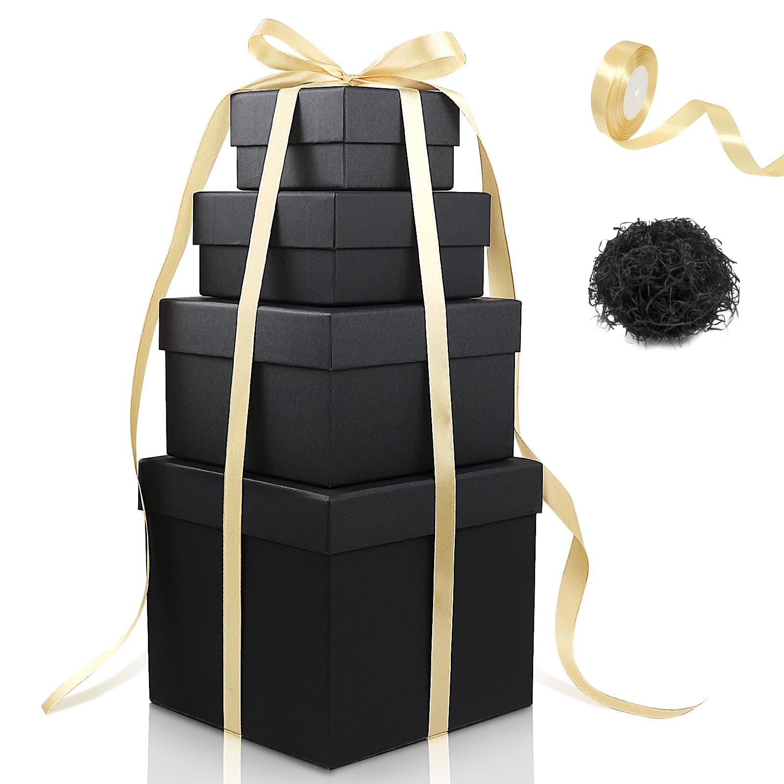 4PCS Square Gift Boxes with Lid for Presents, Black Cardboard Gift Boxes with Raffia and Ribbon,Lid Square Boxes for Birthday,Party,Wedding,Christmas,Anniversary Festival