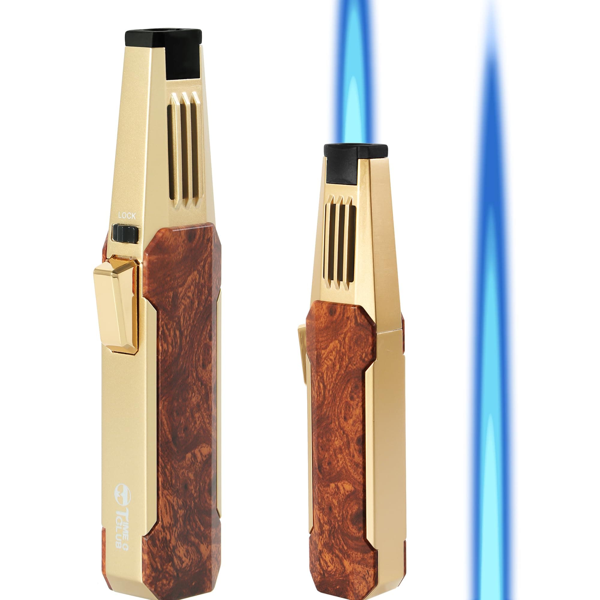 Butane Torch Lighter, Welding Torch,Super Long Flame,Refillable Kitchen Cooking Torch Windproof Adjustable Flame Solar Beam Torch Blow Torch with Safety Lock,Walnut Gold Style