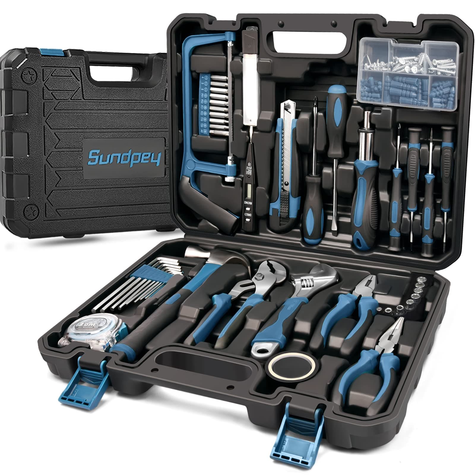 Sundpey Home Tool Kit 148-Pcs - Household Basic portable Hand Repair Tool Set with Case & Ratcheting Screwdriver & Hex Key & Pliers & Wrench & Voltage Tester & Water Pump Plier for Men Women