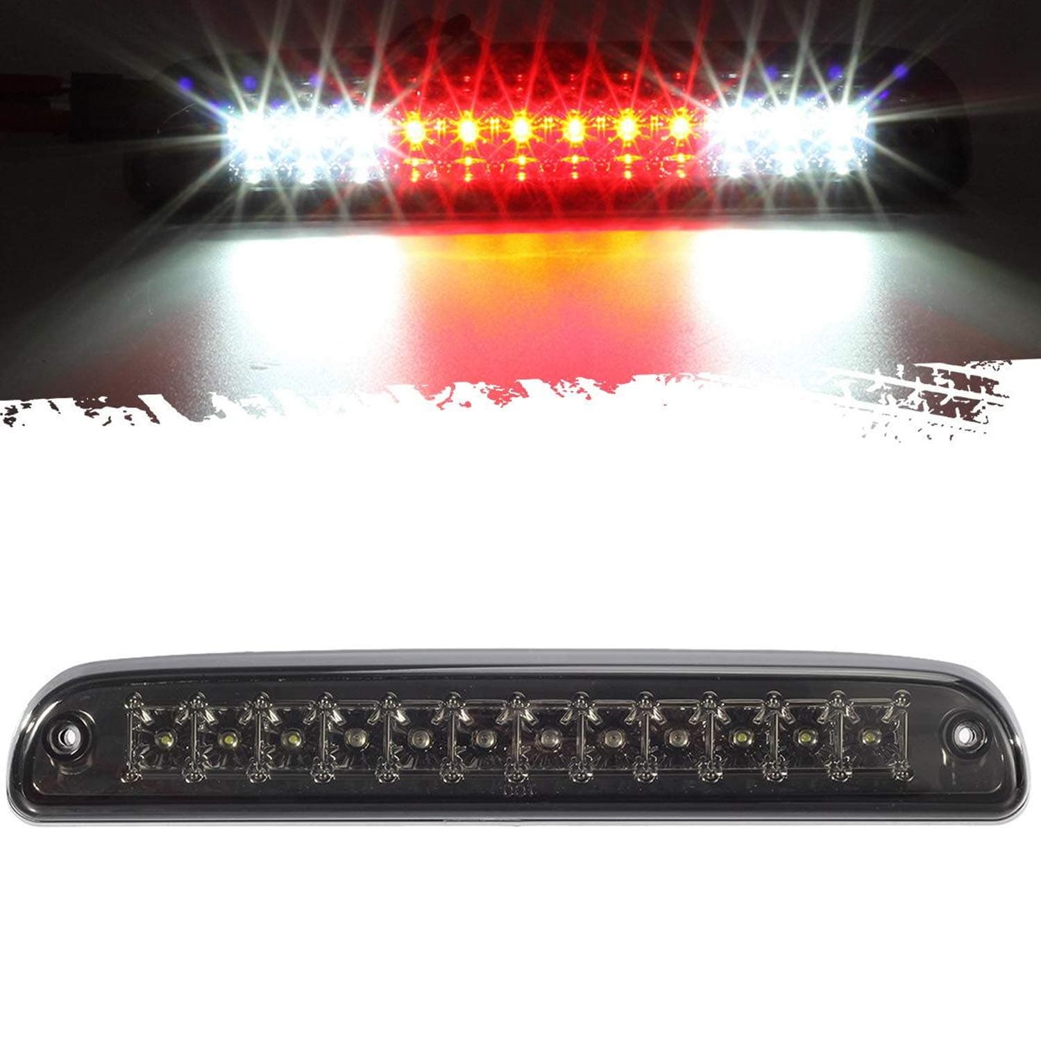 Red/White 12 LED Smoke Lens Chrome Housing Tail High Mount 3rd Third Brake Light Cargo Lamp Waterproof Replacement for Ford F-250 F-350 F-450 F-550 Super Duty 1999-2016 /Ford Ranger 1993-2011