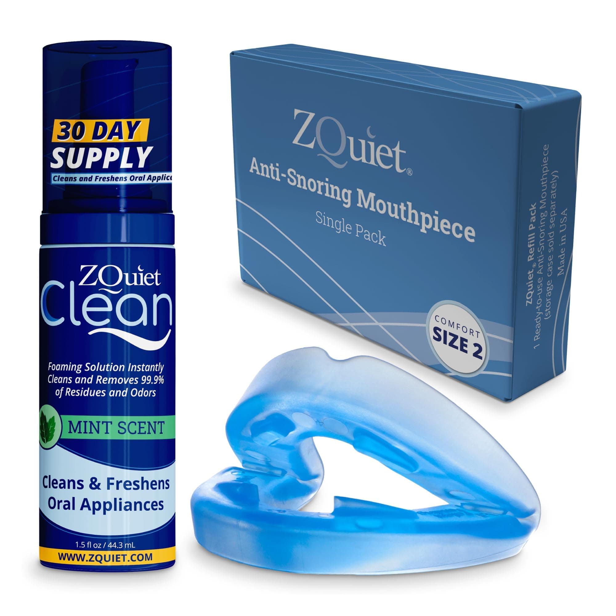 - Anti-Snoring Mouthpiece Solution - Comfort Size #2 (Single Device) + Cleaner (1.5oz Bottle) - Made in USA Snoring Solution for a Better Night’s Sleep (Blue)