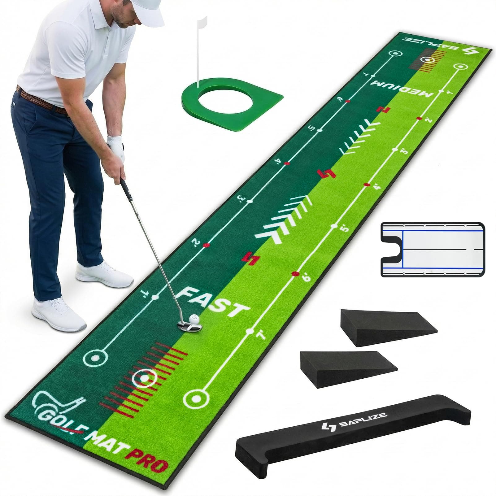 SAPLIZE Two-Speed Golf Practice Mat with Alignment Mirror, 20 in X 10 ft Training Aid Mat, Anti-Slip Backing Golf Putting Green for Indoor/Outdoor