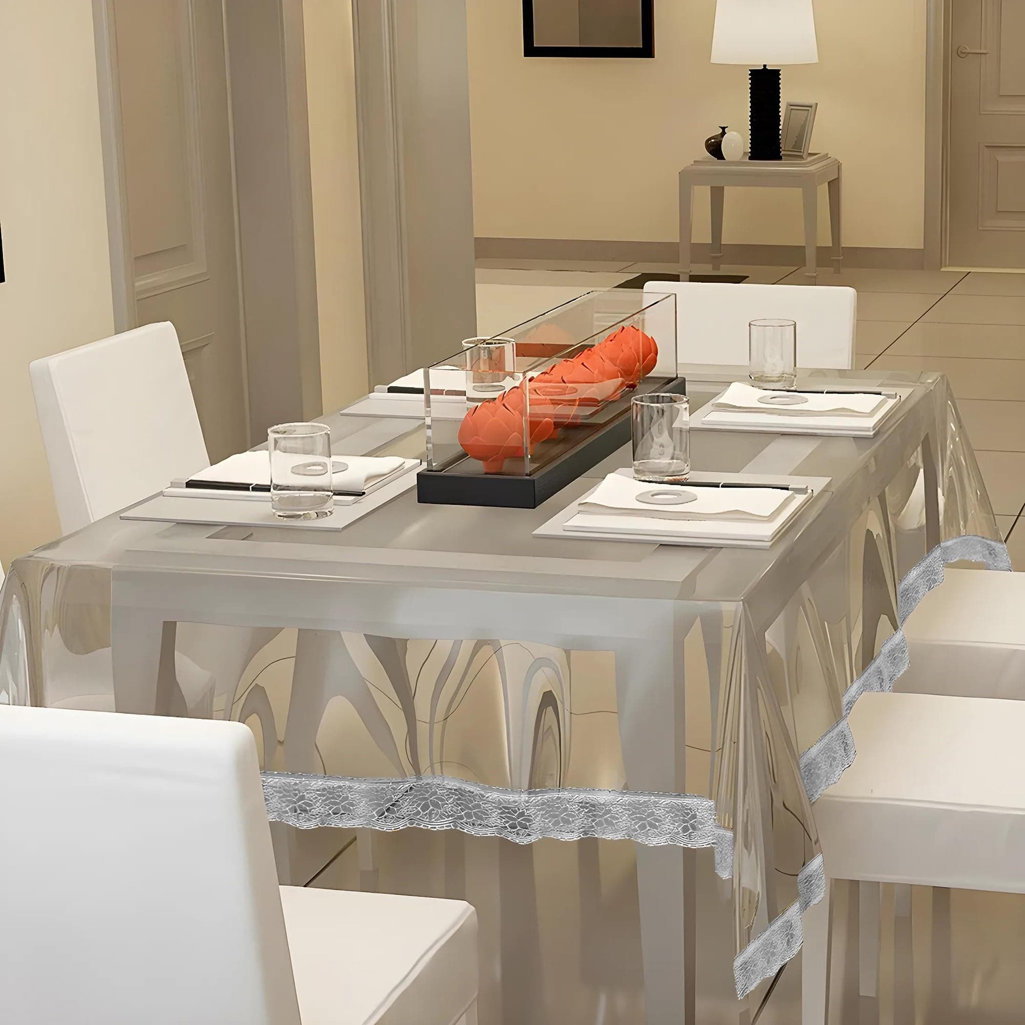 Kuber Industries Transparent 4 Seater Dining Table Cover, Protector with White Lace Border, 45x70 (White),Polyvinyl Chloride (PVC),Rectangular,Pack of 1