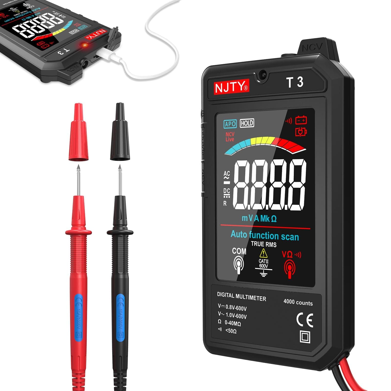 T3 Smart Digital Multimeter, Ultra-Thin Rechargeable Voltmeter with 3.2" Color LCD, Auto-Ranging 600V AC/DC Tester for Resistance NCV Live Wire Detection