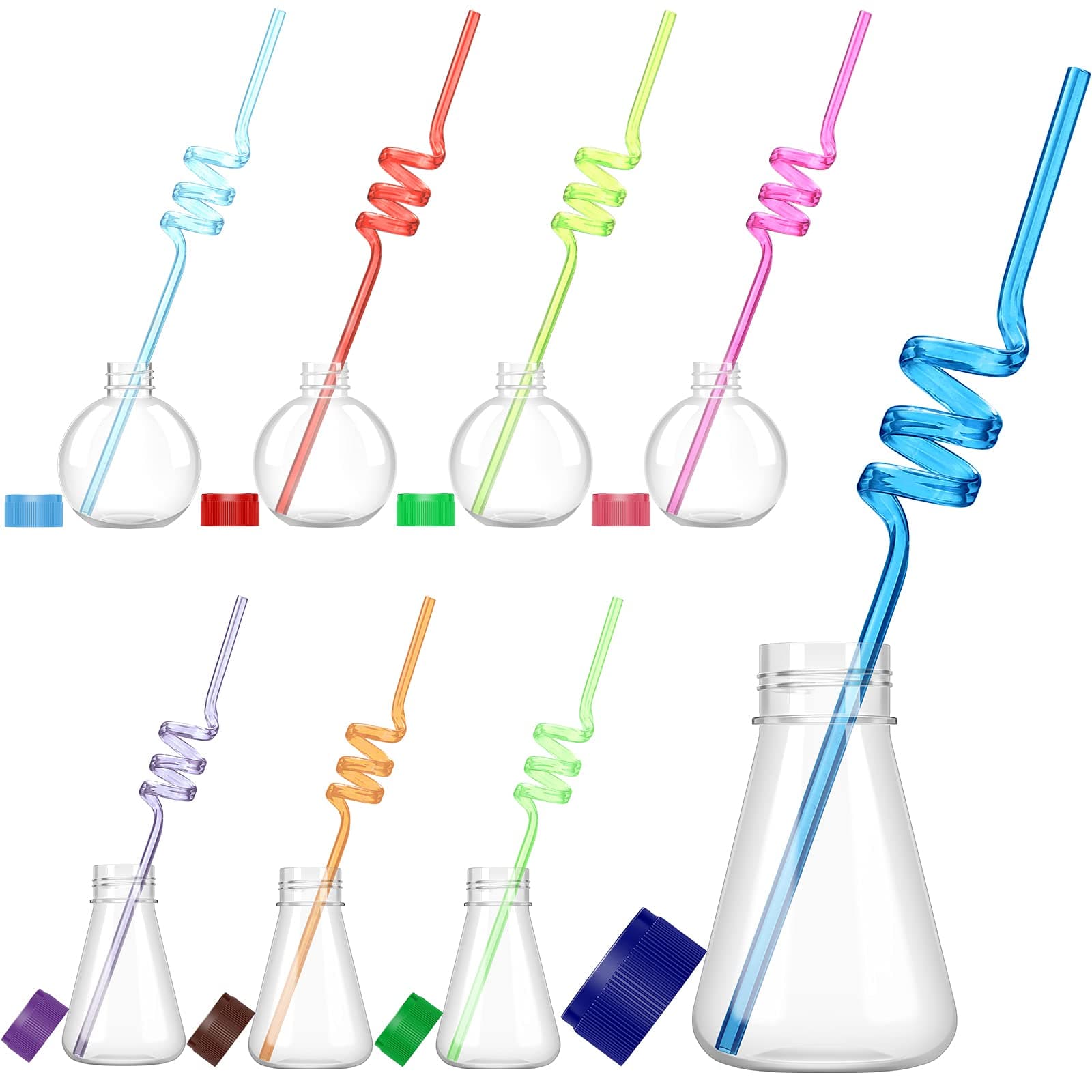 Honeydak Science Party Theme Cups Set with Silly Loop Straws, Plastic Reusable Conical Flask Round Bottom Flask Shape Bottles and Funny Colorful Drinking Straws for Science Party Decorations