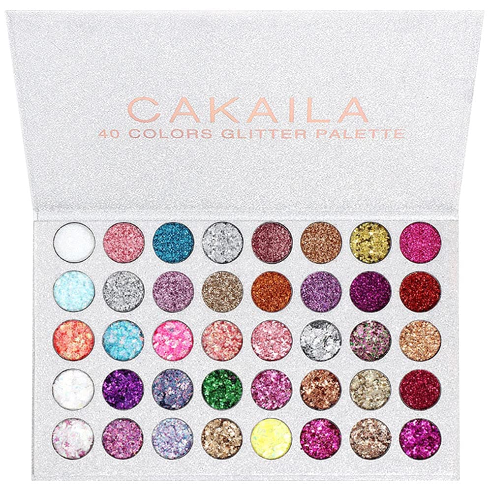 CAKAILA Glitter Colorful Sparkly Eyeshadow Palette For Eye Makeup White Silver Glue Gel Face Paint , 40 Colors
