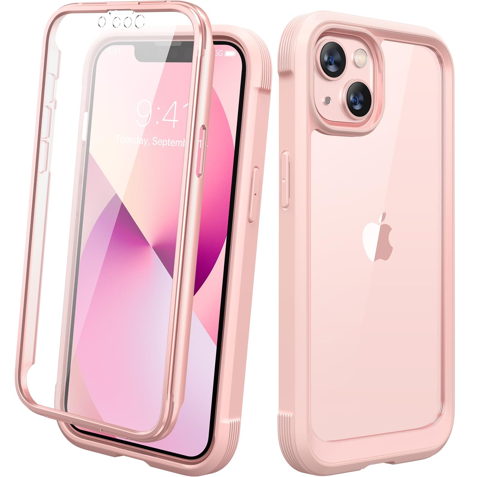 Diaclara iPhone 13 Case 6.1 Inch Bumper Case with Screen Protection Film, Clear Back PC+TPU Full Protection, Wireless Charging Compatible, Pink
