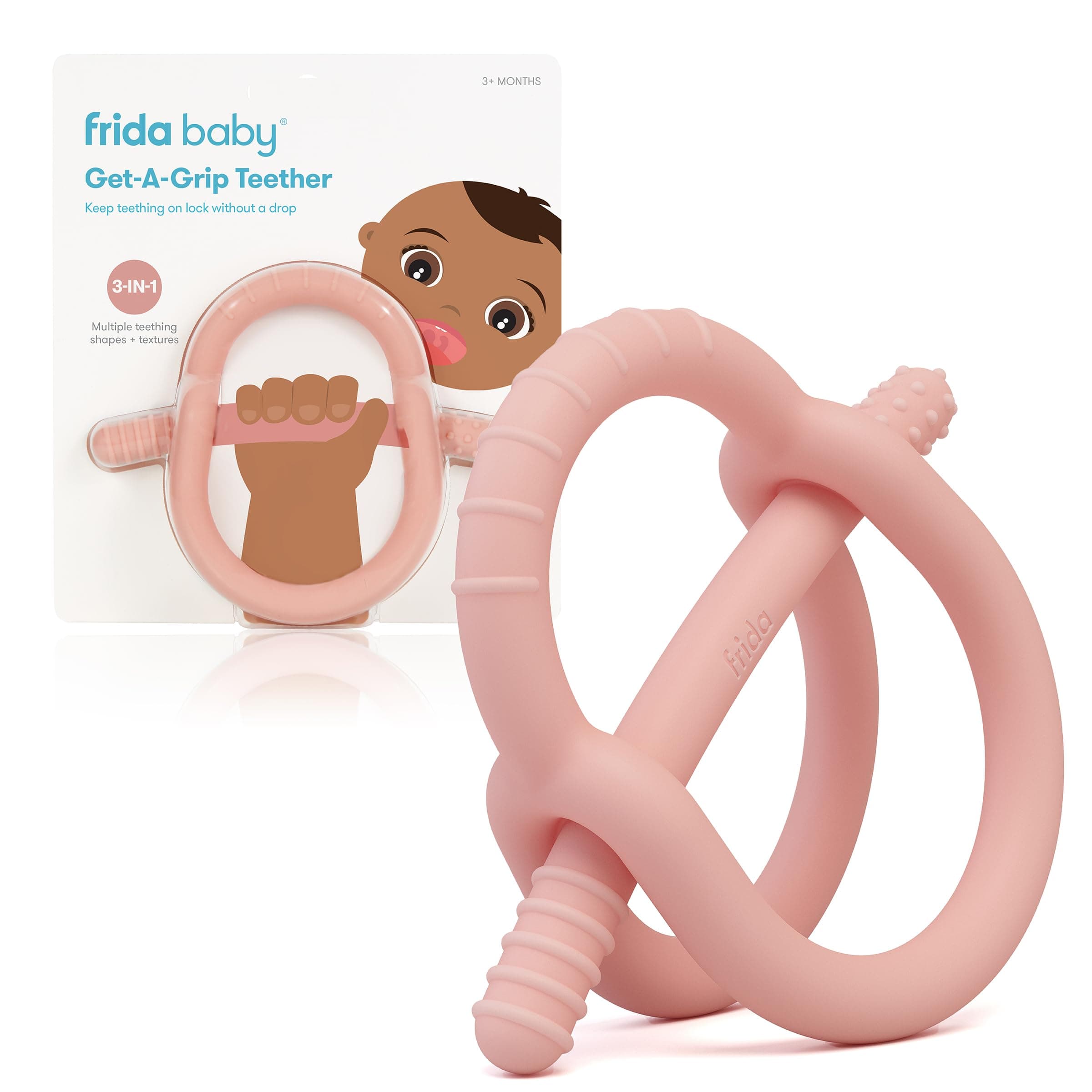 Frida Baby Get-A-Grip Silicone Teether for Teething Pain Relief, BPA-Free Food-Grade Teething Toys for Infant Baby Newborn 0-6, 12, 18 Months, Easy-Grip Teether Ring, PVC-Free, Pink