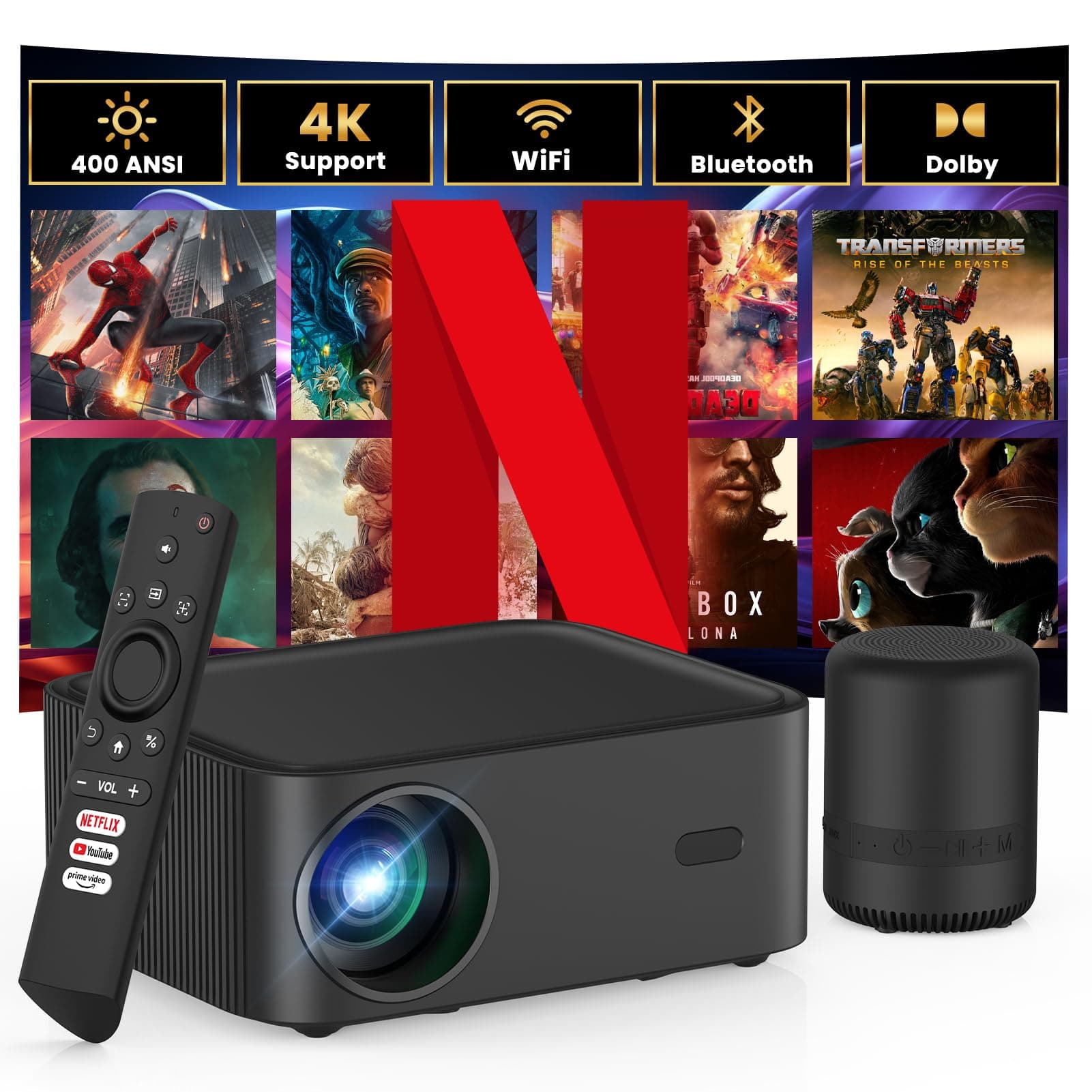 HAPPRUNProjector with Wifi and Bluetooth, Netflix-Licensed Smart Projector, 400ANSI 1080P FHD Projector with External Speaker, Video Projector for Home Theater/Gaming/Outdoor/Movie Night