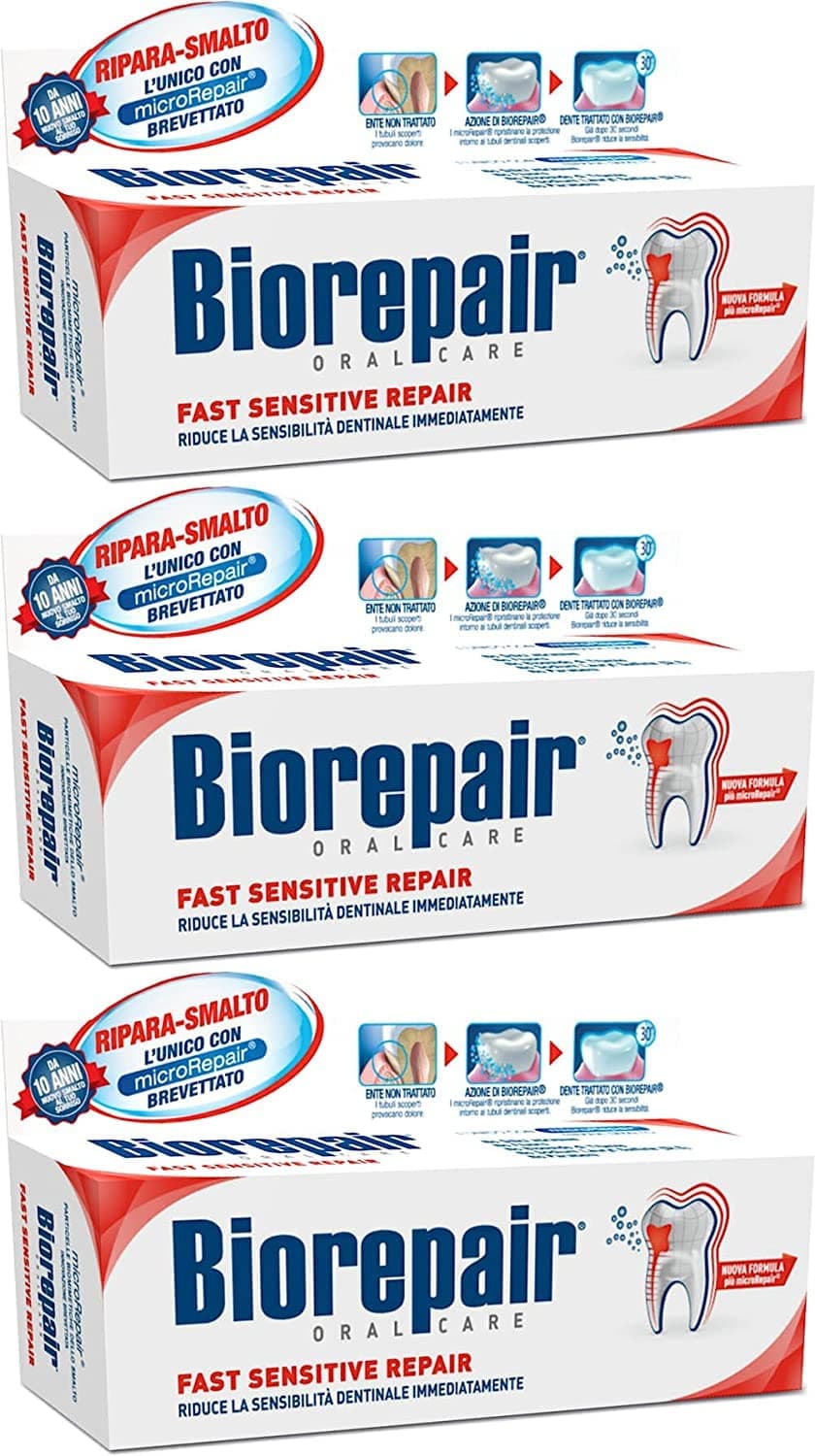 Biorepair: Fast Sensitive Repair Toothpaste with microRepair, New Formula - 2.5 Fluid Ounce (75ml) Tubes (Pack of 3) [ Italian Import ]