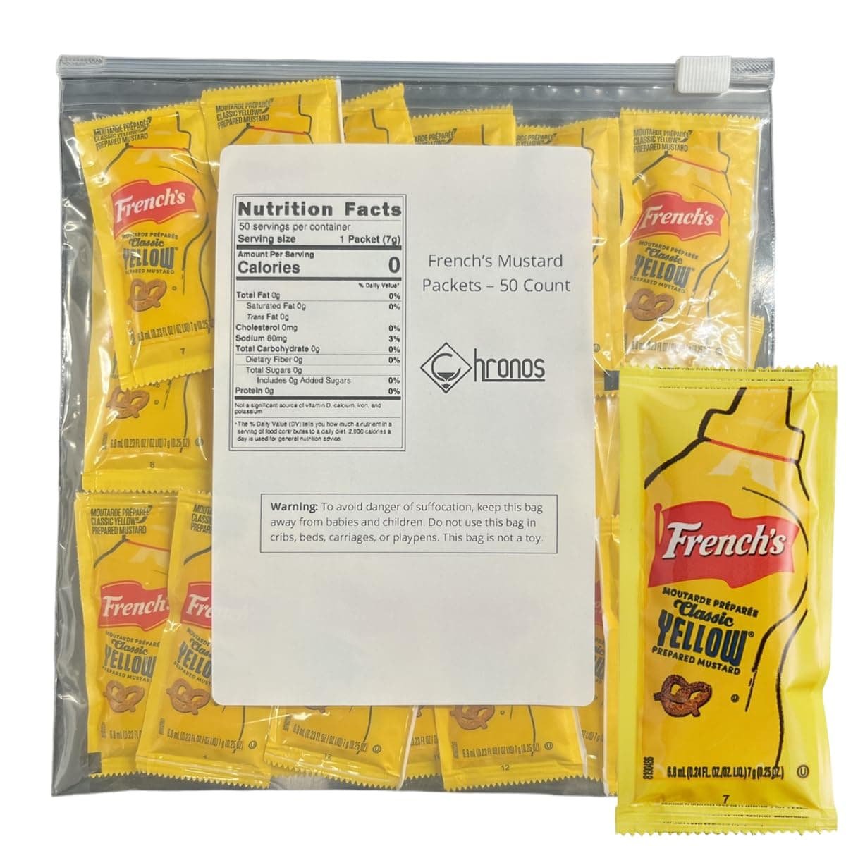 Mustard Packets (7g) - Gift Assortment - 50 Count Single Serve - Mustard Condiment Packs with 8 x 8 inch Chronos Food Safe Slide Seal Bag