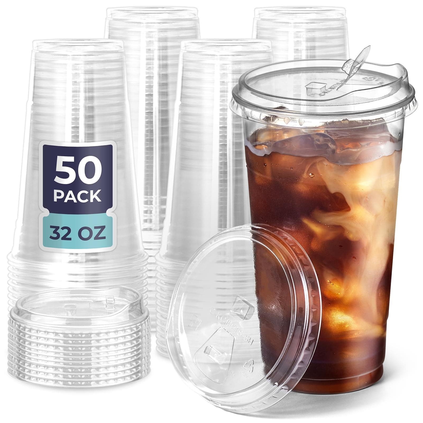 [50 Pack] Disposable Strawless Plastic Cups with Lids - 32 Oz Clear Plastic Cups and Sippy Cups Lids, Perfect Eco-Friendly To Go Cups for Iced Coffee, Smoothies, Soda Party Drinks, and Cafe Essentials