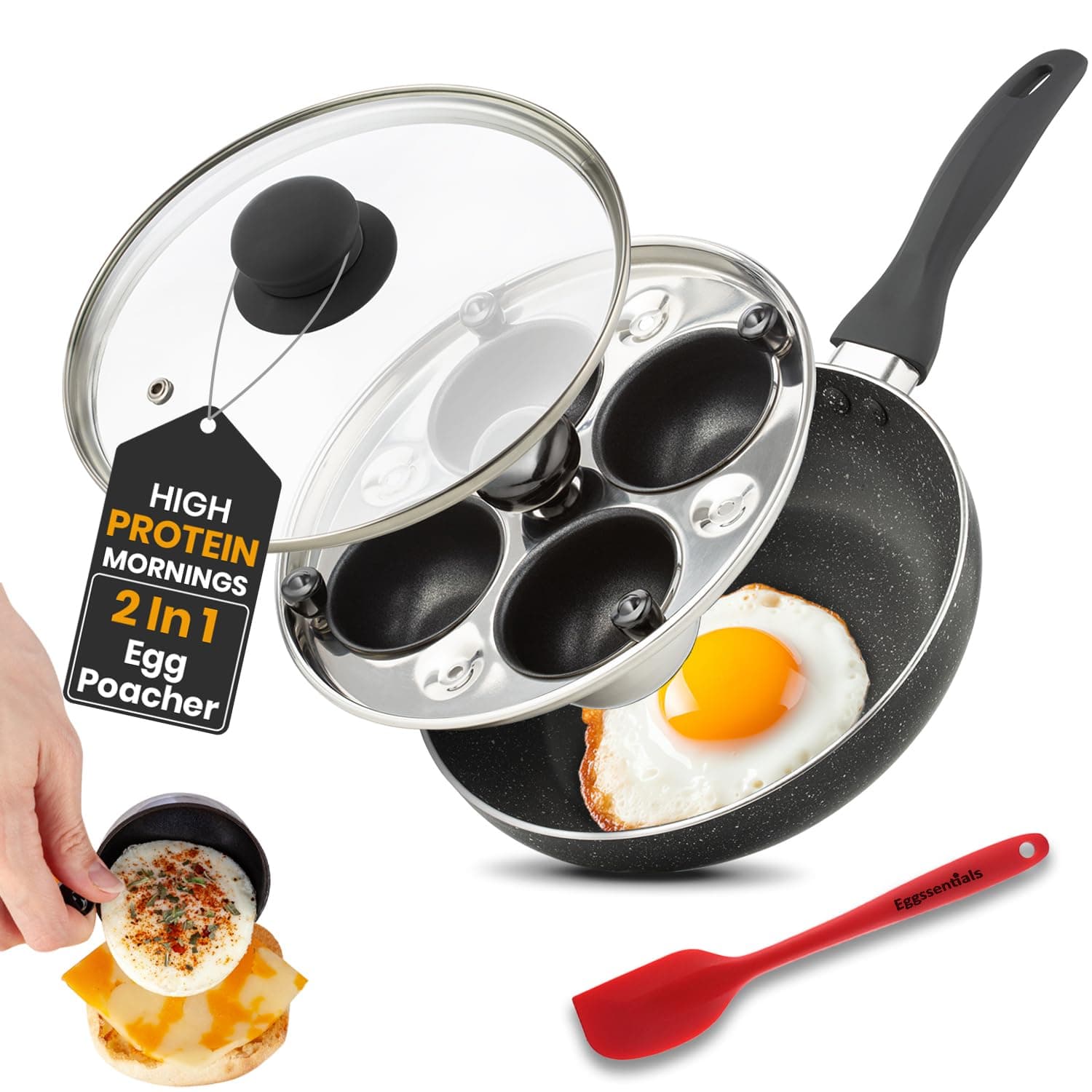 Eggssentials 2 IN 1 Egg Pan & Egg Poacher Pan, Granite Nonstick Fry Pan Poached Egg Maker and Frying Skillet with Lid, Poached Eggs Cooker Food Grade Safe PFOA Free with Spatula, Egg Cookware - 4 Cups
