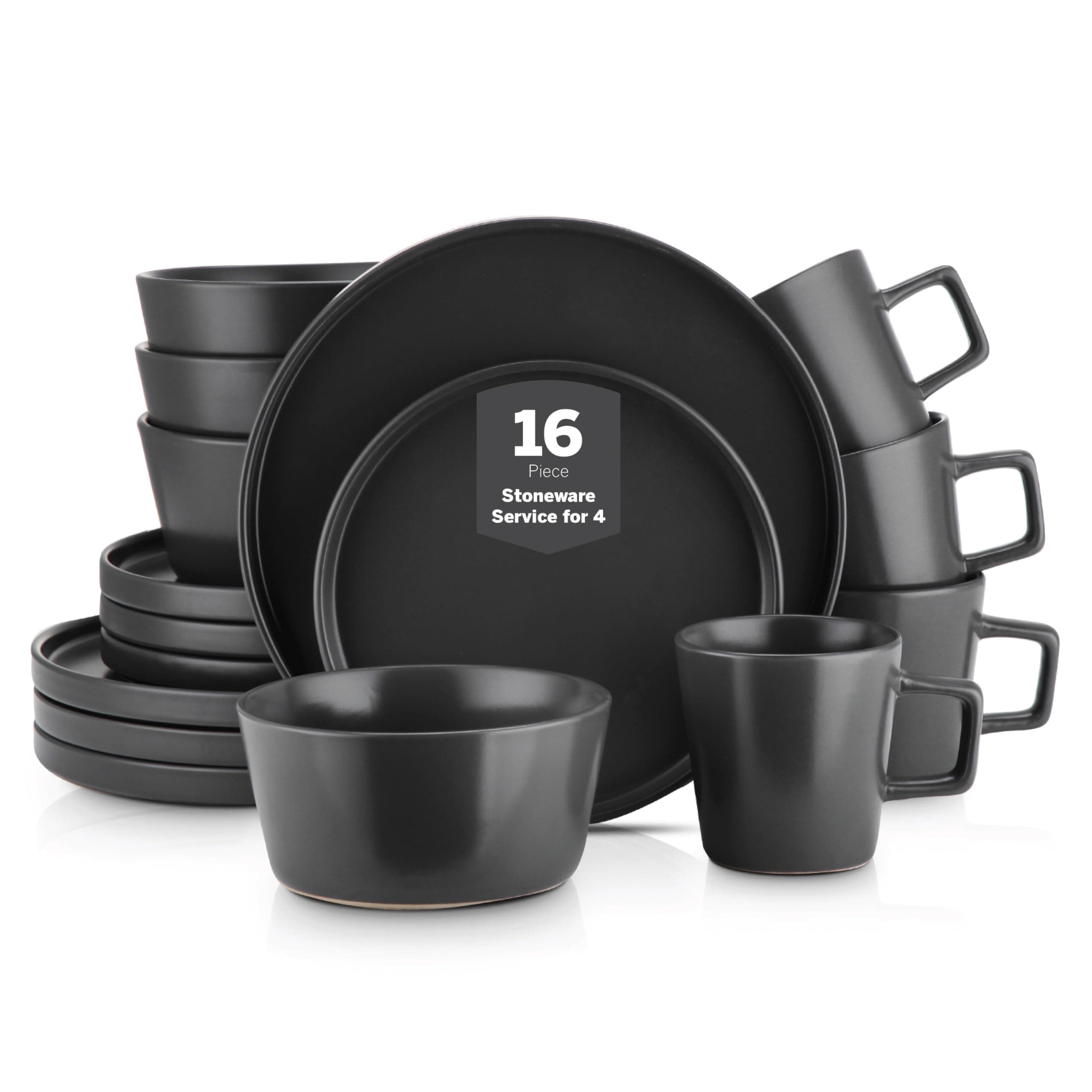 Stone Lain Coupe Dinnerware Set, Service For 4, Black Matte