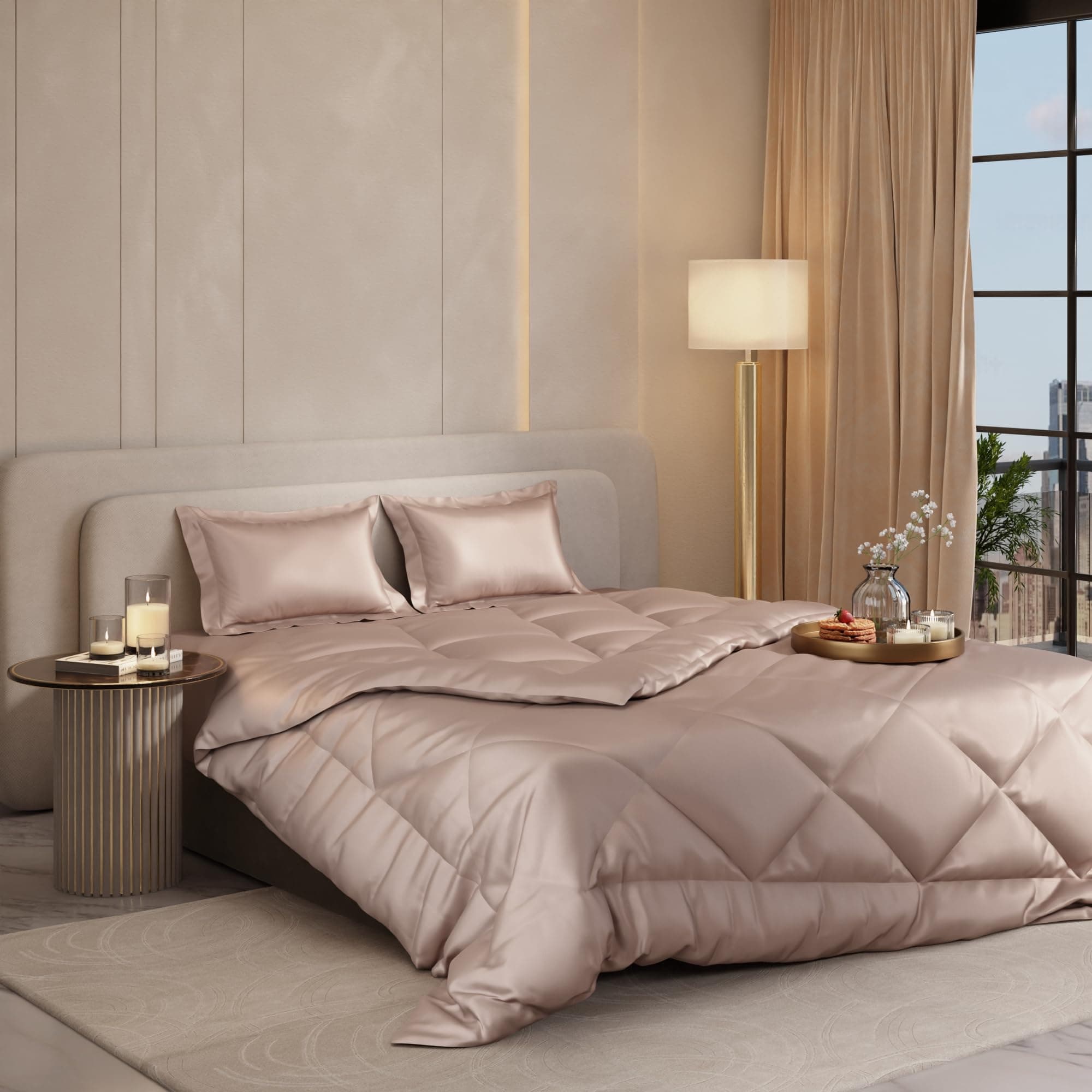 Stoa Paris Satin Comforter Set Double Bed with Satin Bedsheet & Pillow Covers, 300TC Complete Bedding Set, Ideal Gifts for Women, Couples, Bedroom Home Furnishing, Date Night - Champagne