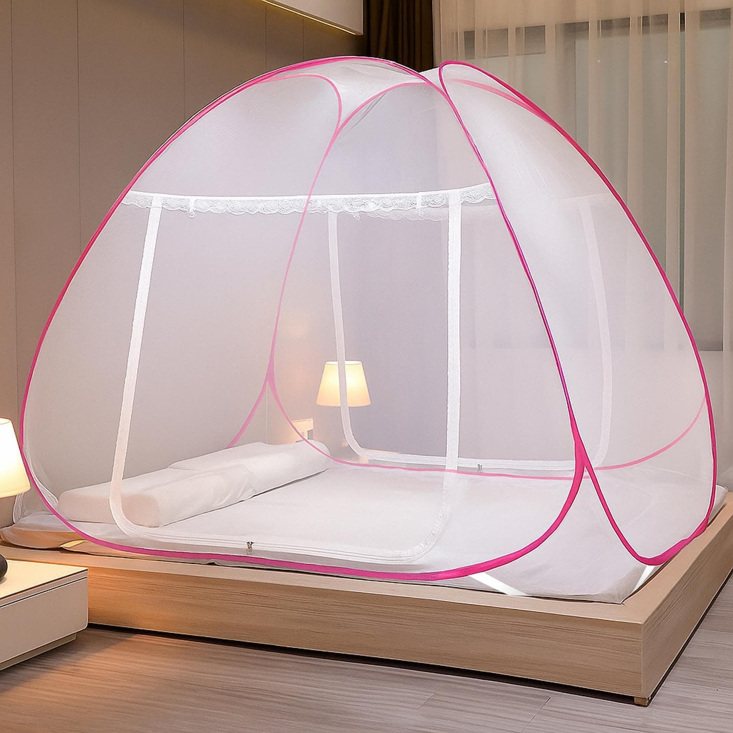 Foldable Mosquito Net Flexible for Double Bed,King Size Bed, Queen Size Bed with 2 Window Zip Door- for Baby and Adult Protection (Pink)(Size : Double Bed)
