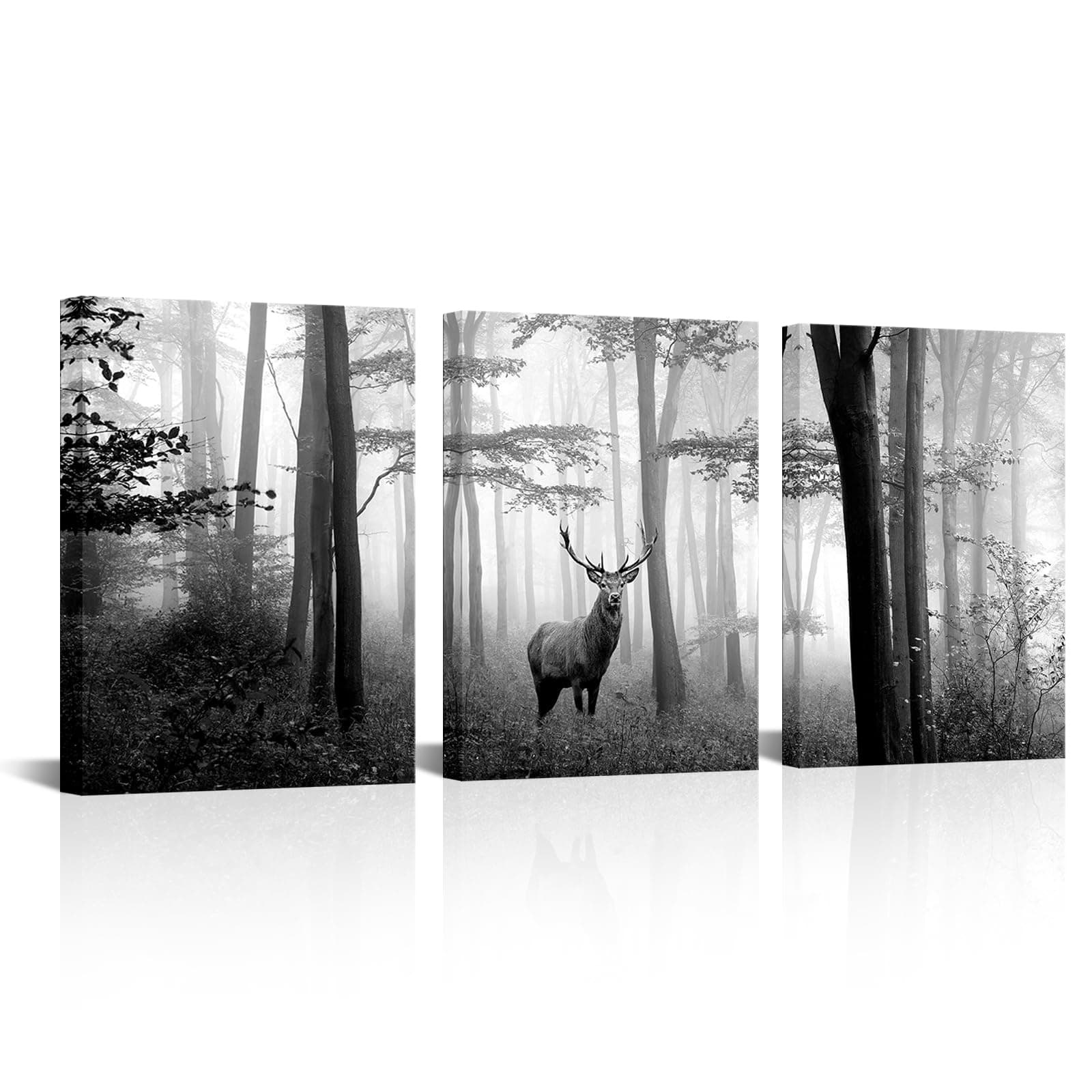 Visual Art Decor Black and White Wall Art Deer in Autumn Foggy Forest Picture Indeer Elk Stag Canvas Prints for Home Living Room Bedroom Wall Decoration Ready to Hang