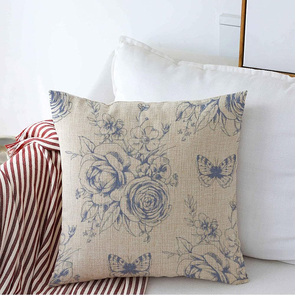 Decorative Throw Pillow Cover Square Pillowcase Romantic Drawing Classic Pattern Floral Vintage Motivies Butterflies French Porcelain Engraving Cushion Case for Sofa Bedroom Car 18x18 Inch