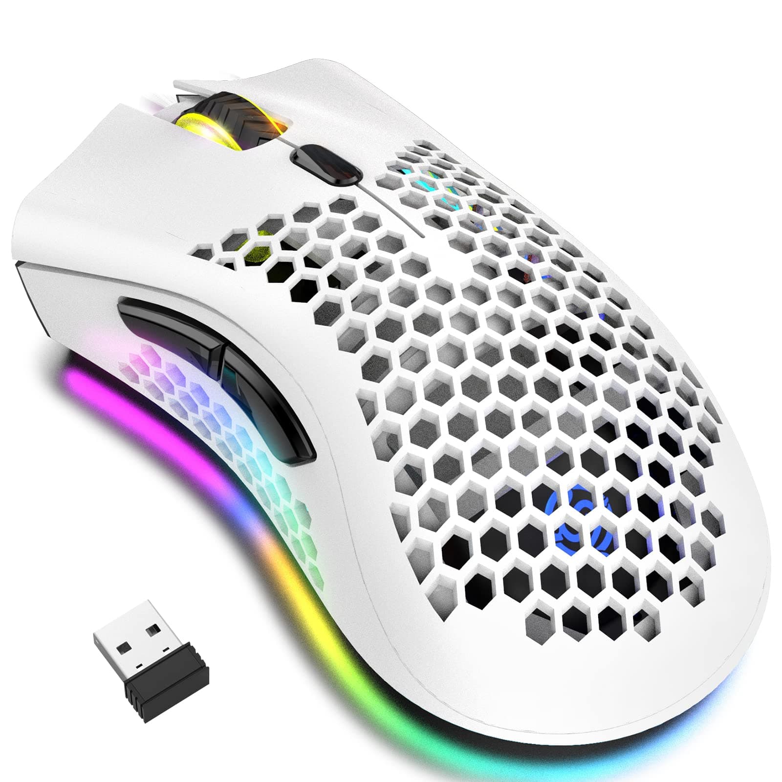 Wireless Gaming Mouse Lightweight Honeycomb Design, Rechargeable RGB Backlight Computer Mouse with USB Receiver,Adjustable DPI,2.4GHz Wireless Mouse for PC/Mac/Laptop