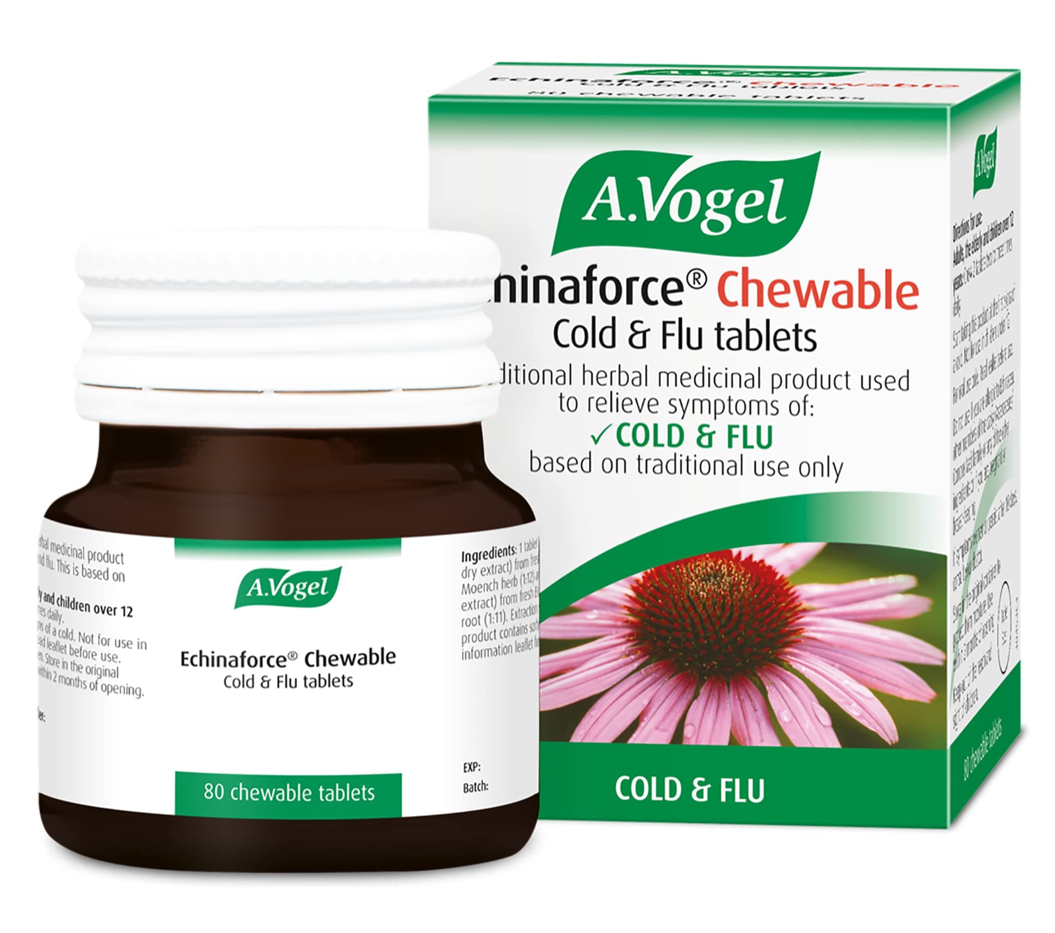 Echinaforce Chewable Cold & Flu Tablets | Relieve Cold & Flu Symptoms | Extracts of Fresh Echinacea | 80 Tablets
