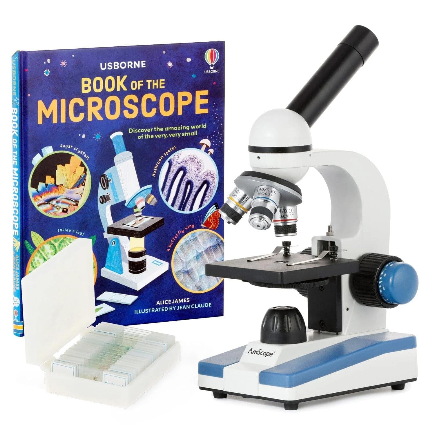 AmScope M150C-PS25-WM Compound Monocular Microscope, WF10x and WF25x Eyepieces, 40x-1000x Magnification, LED Illumination, Brightfield, Single-Lens Condenser, Coaxial Coarse and Fine Focus, Plain Stage, 110V, Includes Set of 25 Prepared Slides and Book