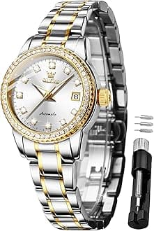 Ladies Diamond Watches Automatic Mechanical Luxury Dress Classic Self Winding Stainless Steel Wrist Watch for Women（Gold/Blue/Black/White Dial）