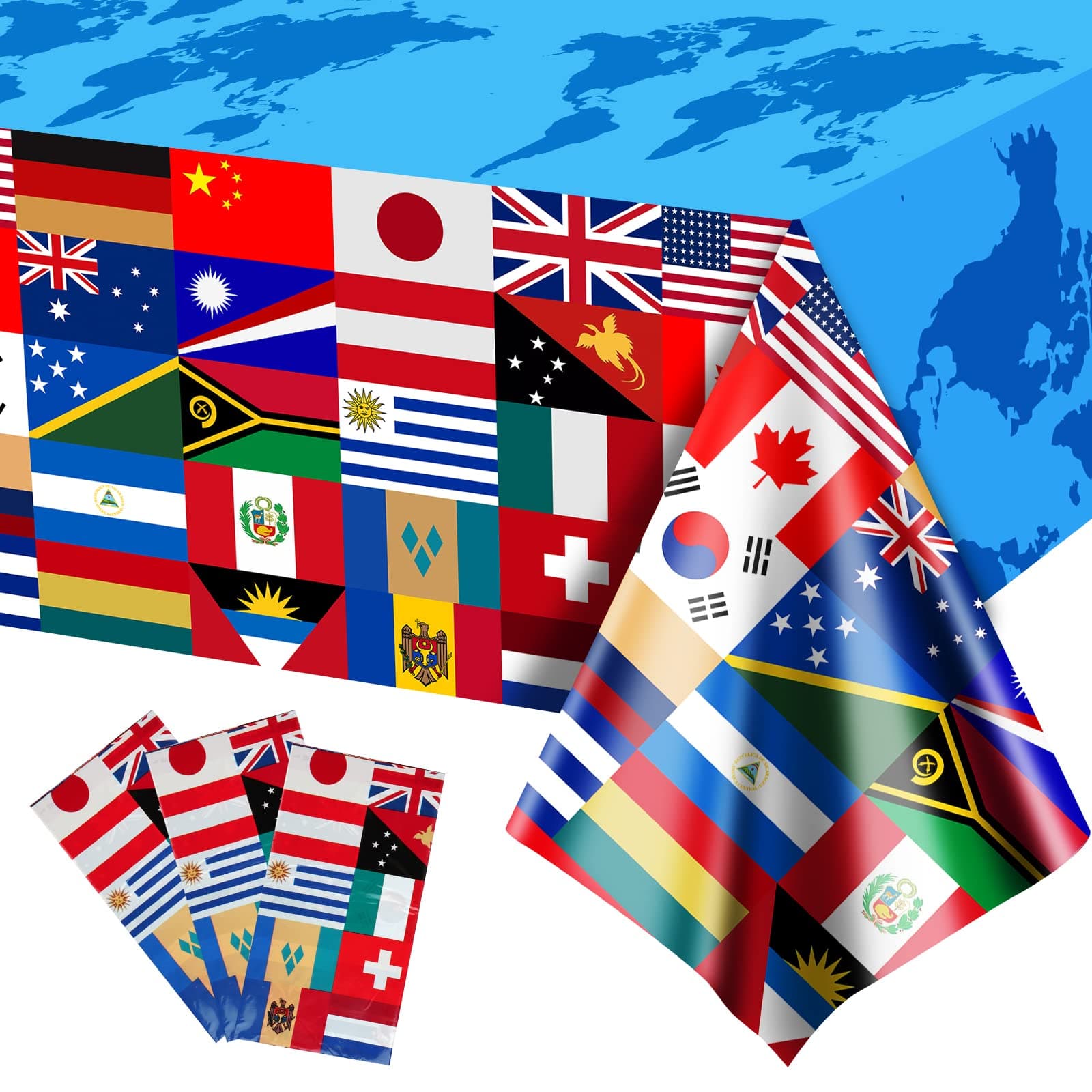 Runmeihe 3 Pack Plastic Rectangle International World Flag Table Cloth, Disposable and Recyclable Table Cover for International Communication Theme Kids Party Indoor Outdoor Decorations(7.2×4.2ft)