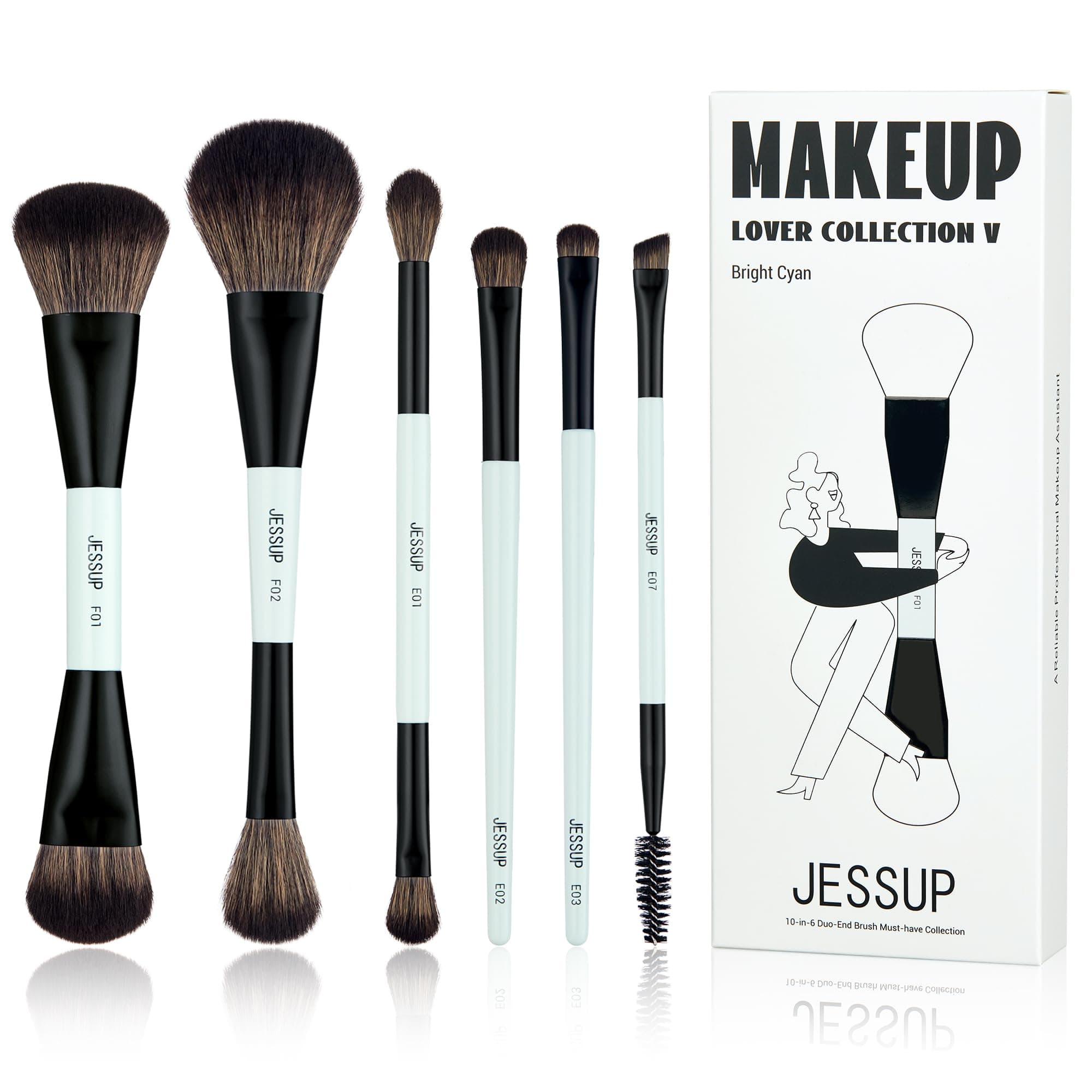 Makeup Brush Set 6pcs Double Sided Makeup Brushes Foundation Contour Blush Highlight Blending Eyebrow Brush Eyeshadow Brush, Vegan Fiber Make up Brush Bright Cyan T501