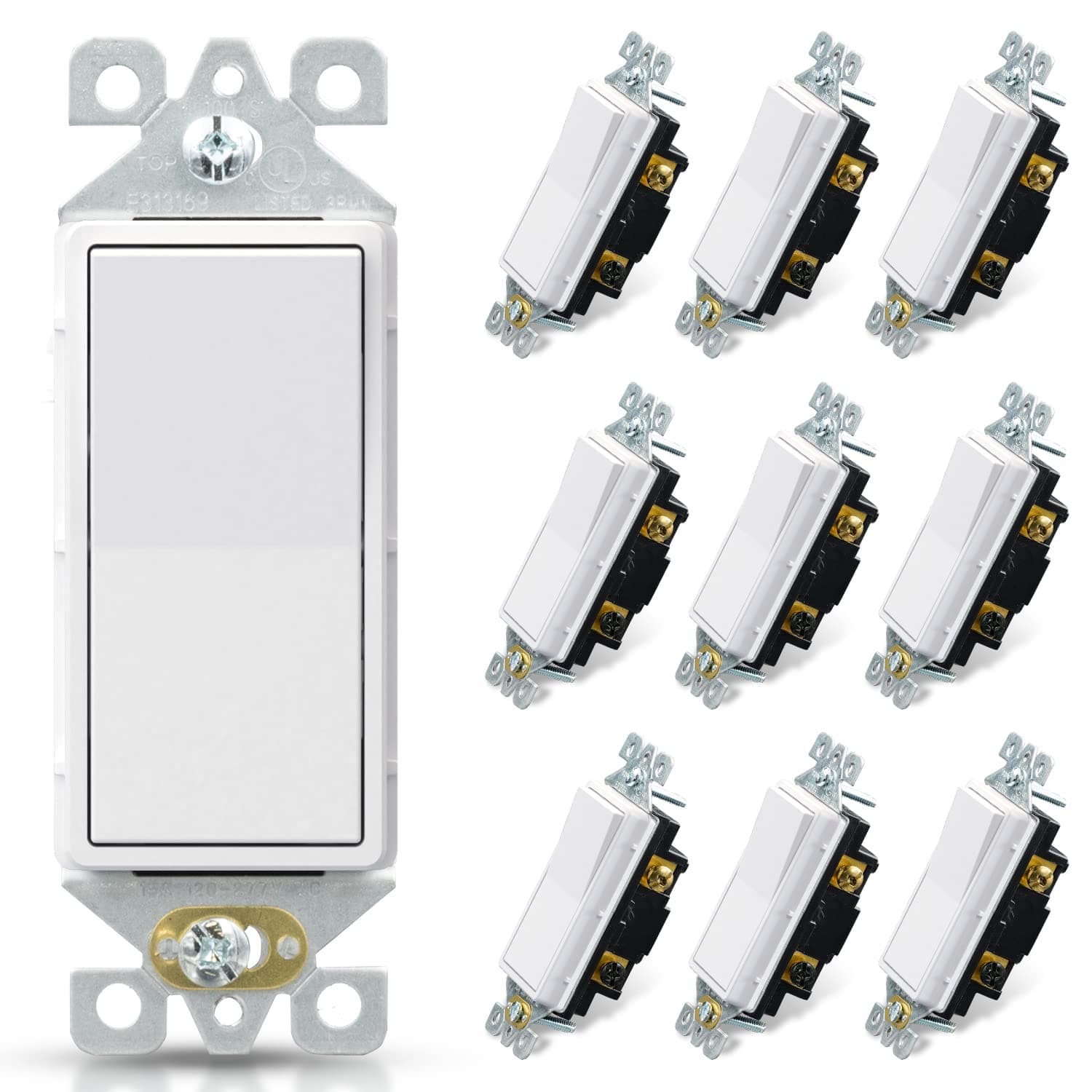ELEGRP Matte White 3 Way Decorative Light Switch, 15Amp, 120-277 Volt, AC Decorator Rocker Paddle Wall Switch Replacement, Self-Grounding, Residential and Commercial Grade, UL Listed (10 Pack)