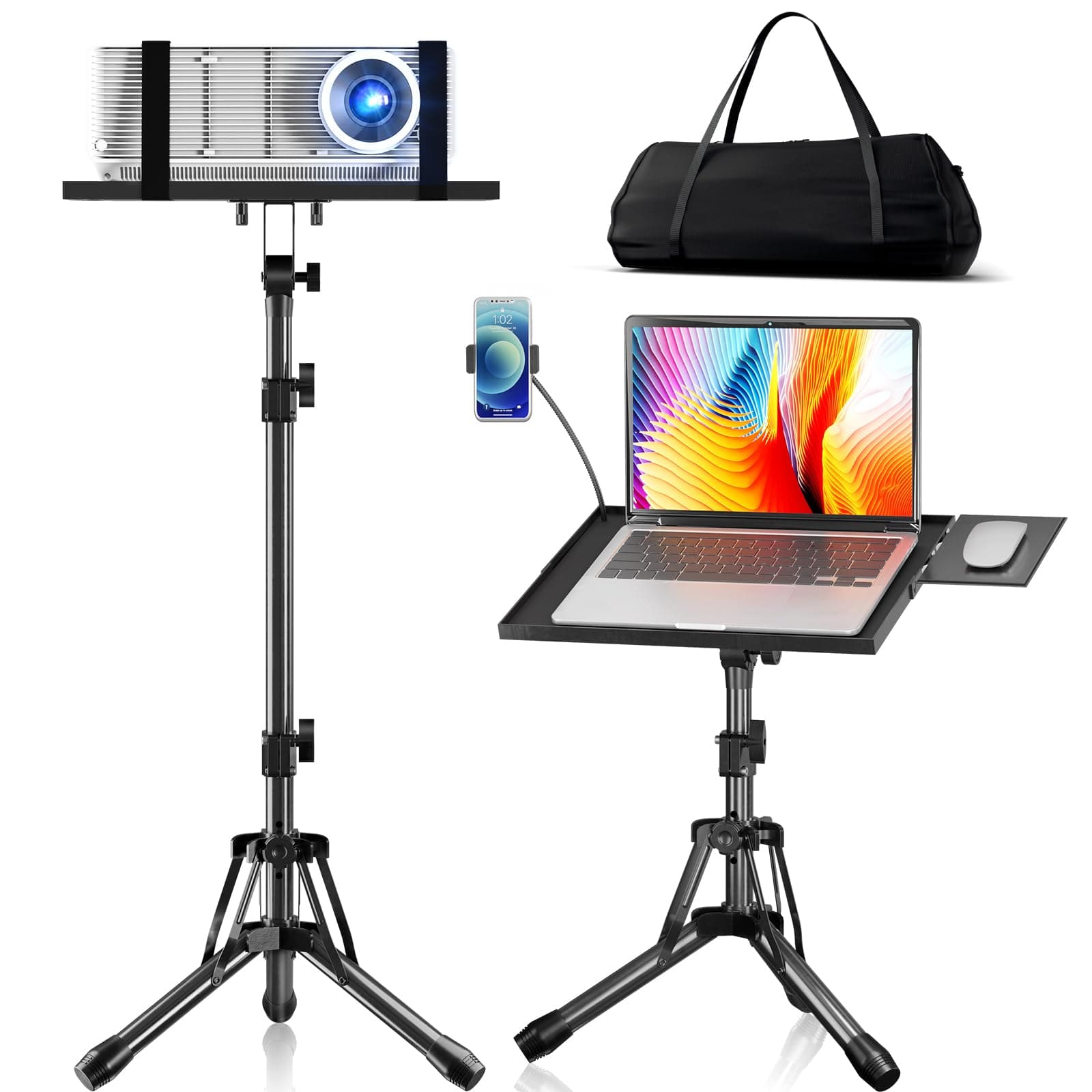 KOOV Projector Stand Adjustable Height 20" to 61", Foldable Projector Tripod Stand with Mouse Tray & Phone Holder, Portable Laptop Floor Stand for Office Home Stage Studio DJ Racks Podium Stand
