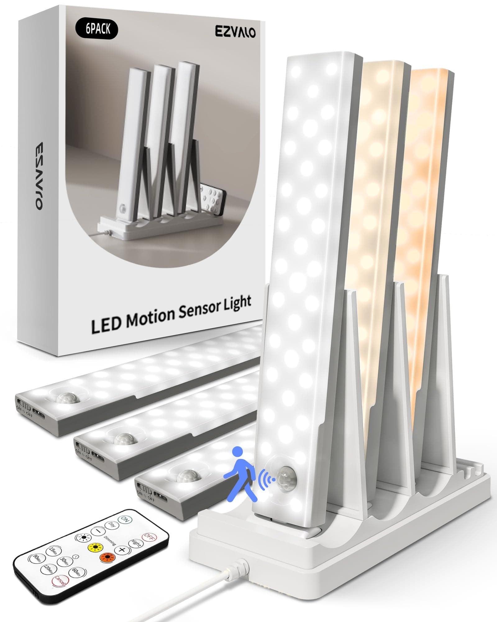 EZVALO Under-Unit Light Kitchen LED (Pack of 6) with USB-C Charging Station - Cabinet Lighting 23 cm 62 LED, 1600 mAh, with 3 Colour Temperatures, Dimmable, Wireless and with Motion Sensor for