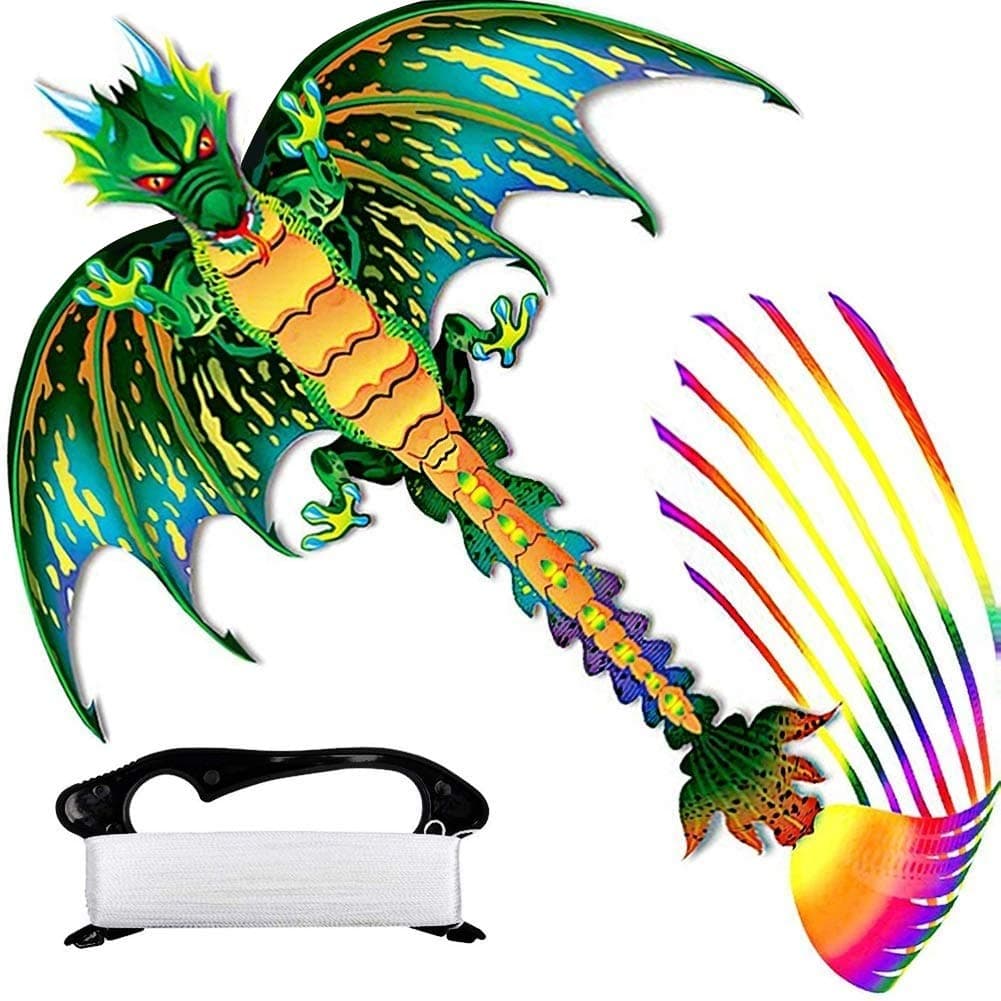 Super Big Dragon Kite Upgraded with 9 Extra Long Colored Tails, Easy to Fly Beach Dinosaur Kites for People Adult Beginner Professionals Outdoor Trip Camping Competition Fun Sports, 62INX128IN Green