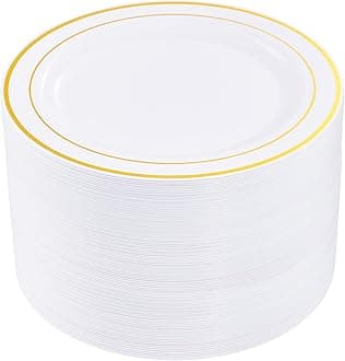 I00000 60pcs Gold Plastic Plates,10.25 inch Gold Rimmed Dinner Plates, White Disposable Plates, Perfect for Parties or Wedding