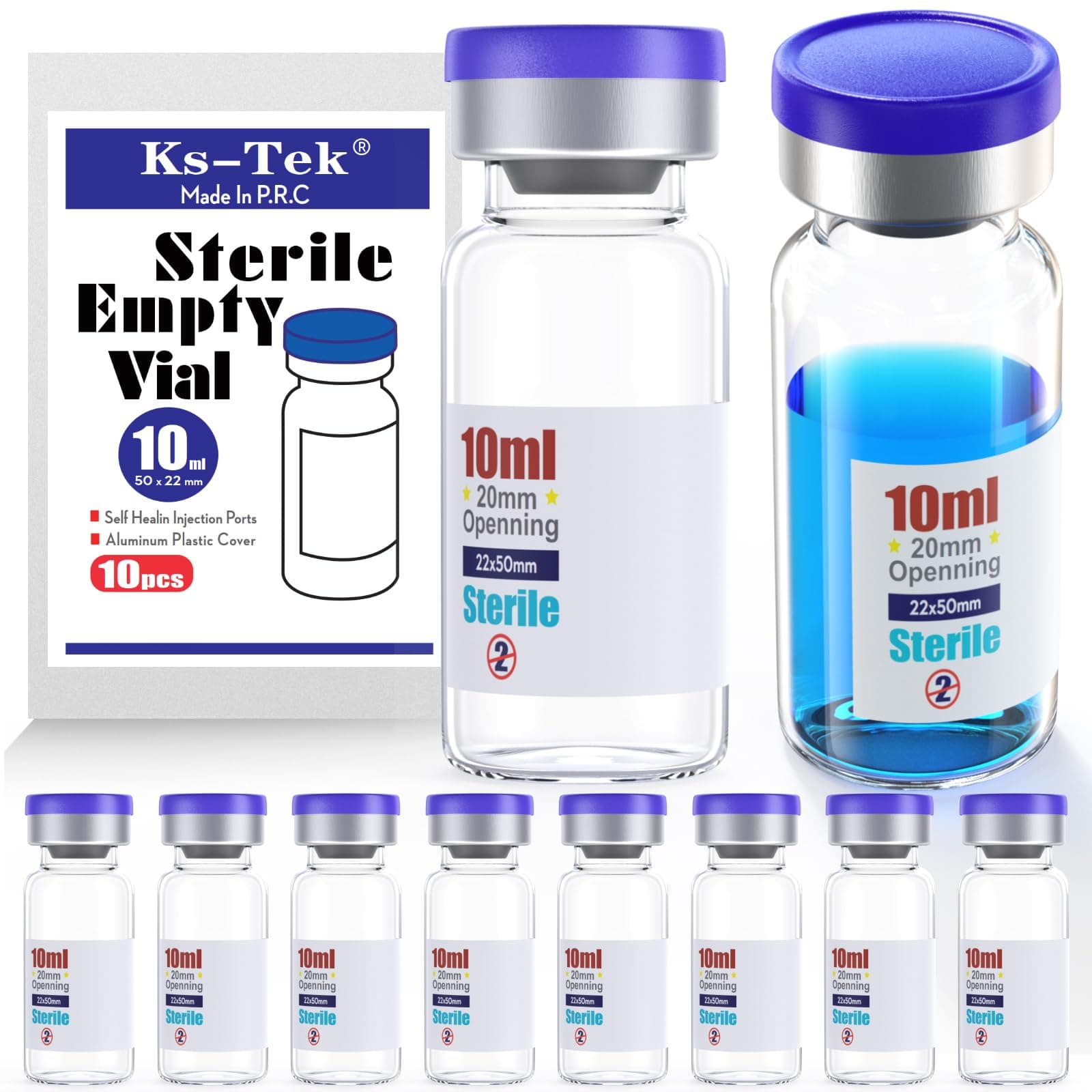 Ks-Tek Sterile Empty Vials with Self Healing Injection Port,with Flip Off Aluminum Cap,Sterile Package (10ml,10)